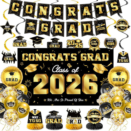 Graduation Decorations 2026-Black and Gold Graduation Party Decorations Supplies Class of 2026 with Graduation Banner, Backdrop, Balloons, Centerpieces, Hanging Swirl for Grad Party BST326H