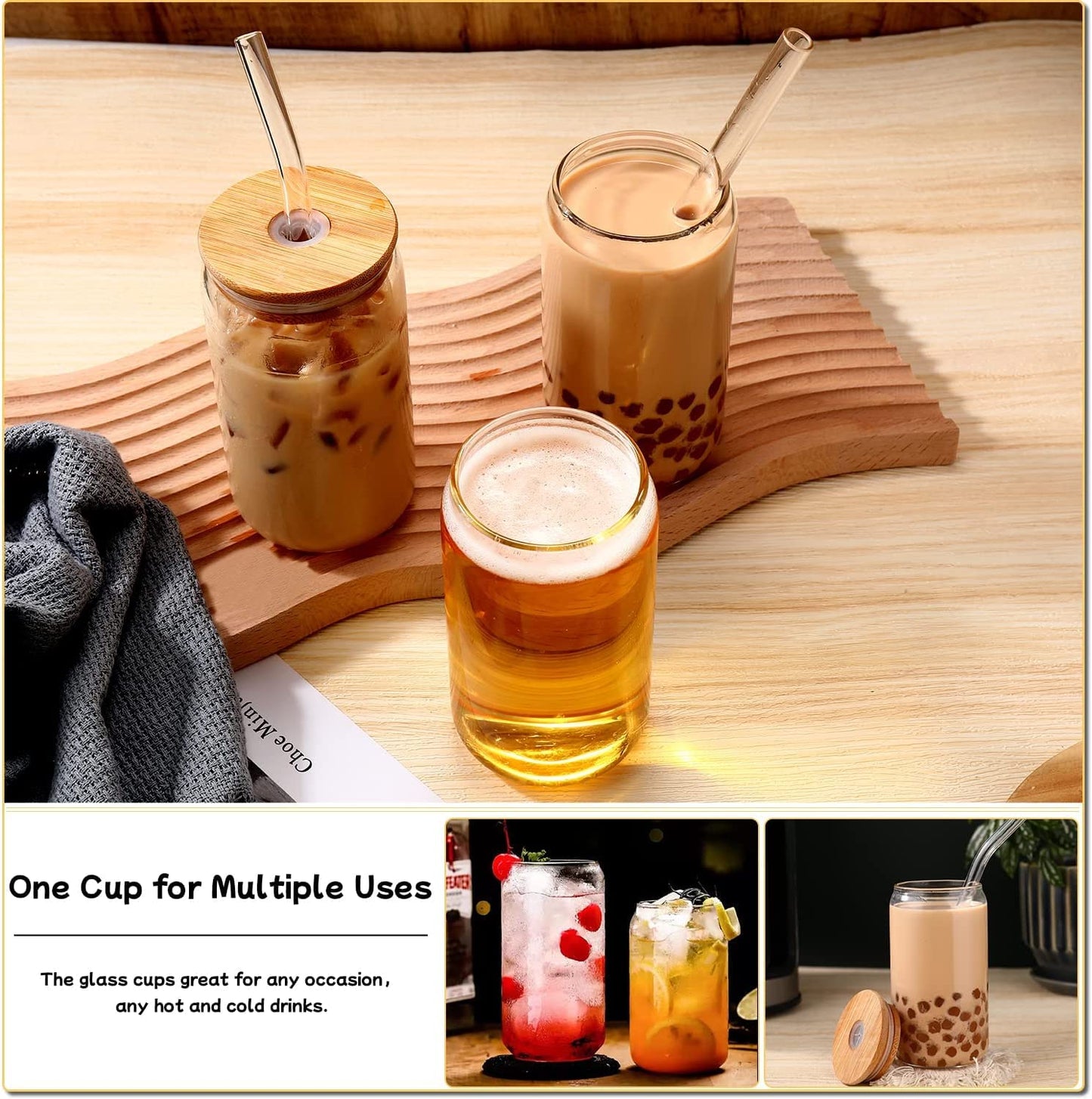 DWTS DANWEITESI Glass Cups “20oz”,Glass Cups with Lids and Straws 4 pcs-Coffee Cups,Drinking Glasses Set,Glass Tumbler with Straw and Lid Gift 2 Cleaning Brushes 600ml BST202