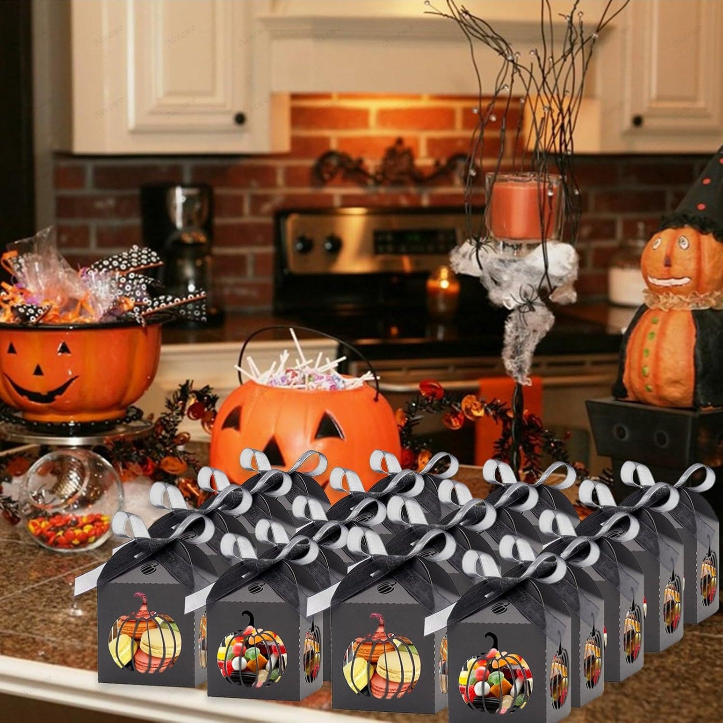 Ncozwo 20 Pcs Black Halloween Party Treat Boxes Pumpkin Candy Cookies Gift Box Hollowed-out Pumpkin Favor Boxes Hollow Die-Cut Cardboard Chocolate Container for Birthday Party Supplies Decorations BST220