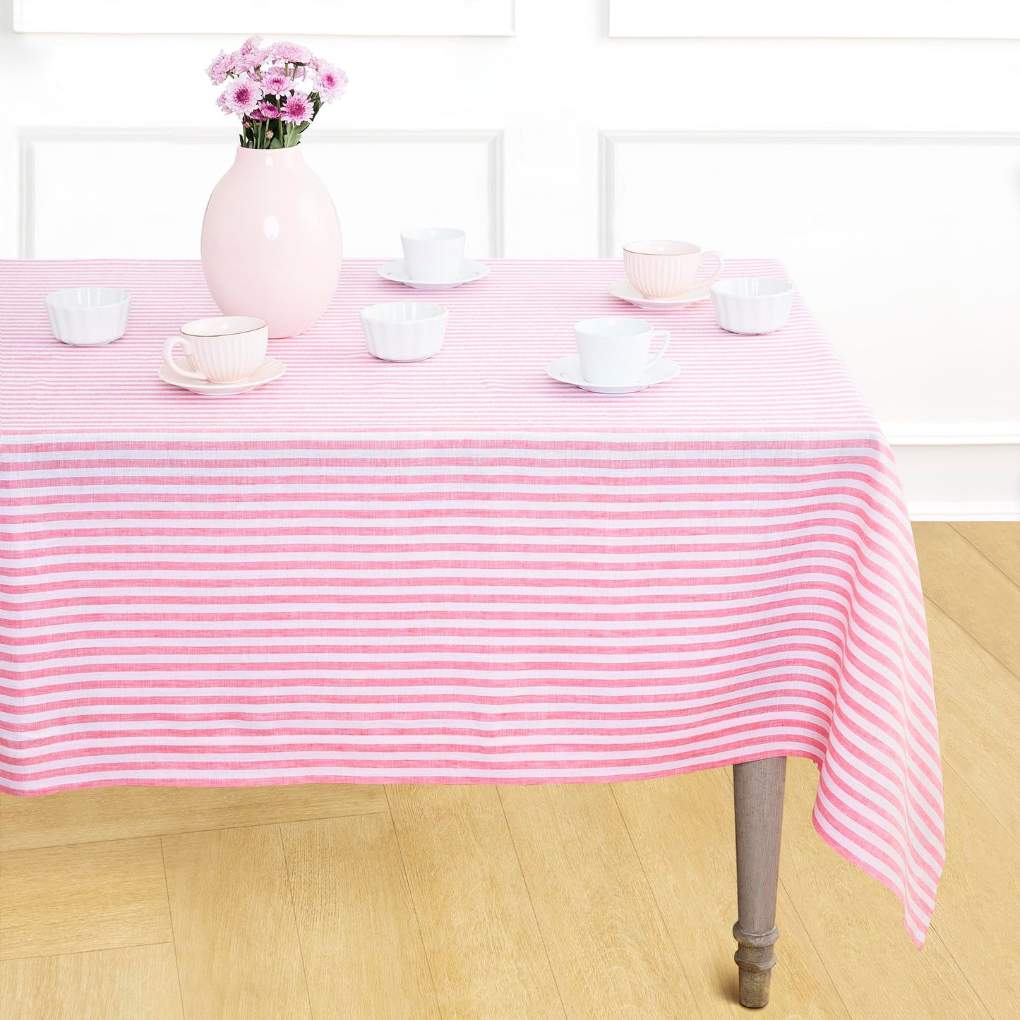 Solino Home 100% Linen Table Cloth, Throw, 52 x 52 in, Coral, Amalfi Stripe | Striped Linen Tablecloth a neat topper for bistro, card and side tables | Coral and White | Pure Linen | OEKO-TEX Certified BST326SOLH