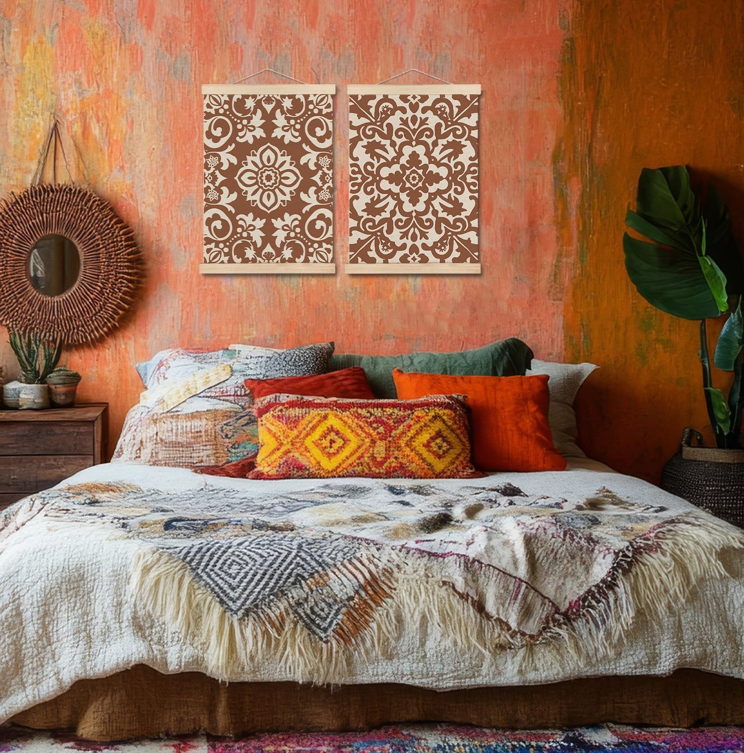 SPBL&L Green Boho Floral Mexican Wall Art, Abstract Flower Poster Hanger Frame, Burnt Orange Terracotta Botanical Hanging Canvas Pictures Prints Wall Decor for Home Bedroom, 12x16 Inch Set of 2 BST202