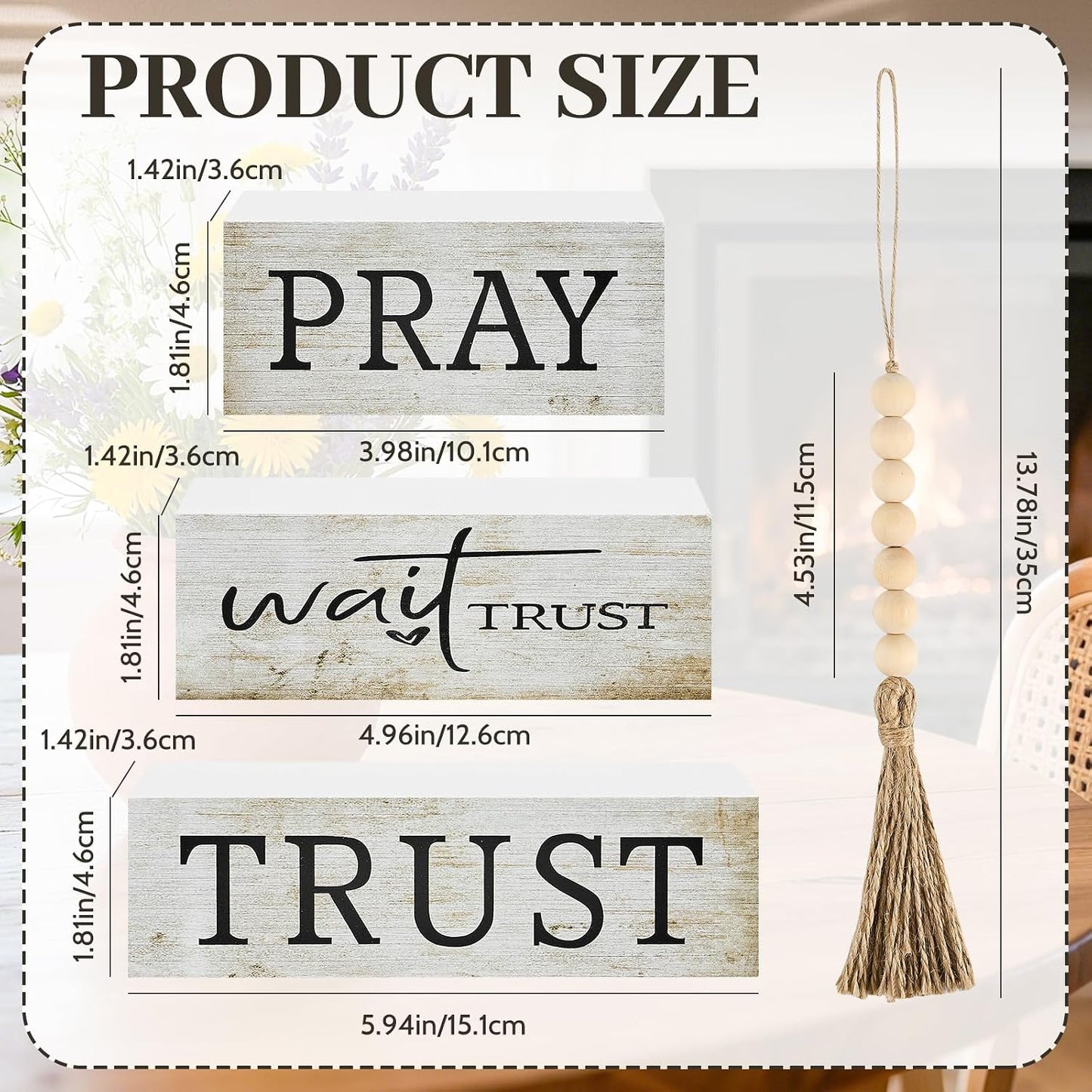 4 Pcs Pray Wait Trust Wooden Blocks Set, Christian Tabletop Decor with Bead Garland, Bible Verse Desk Centerpiece, Farmhouse Religious Wood Signs for Home Shelf, Office, Prayer Space BST220