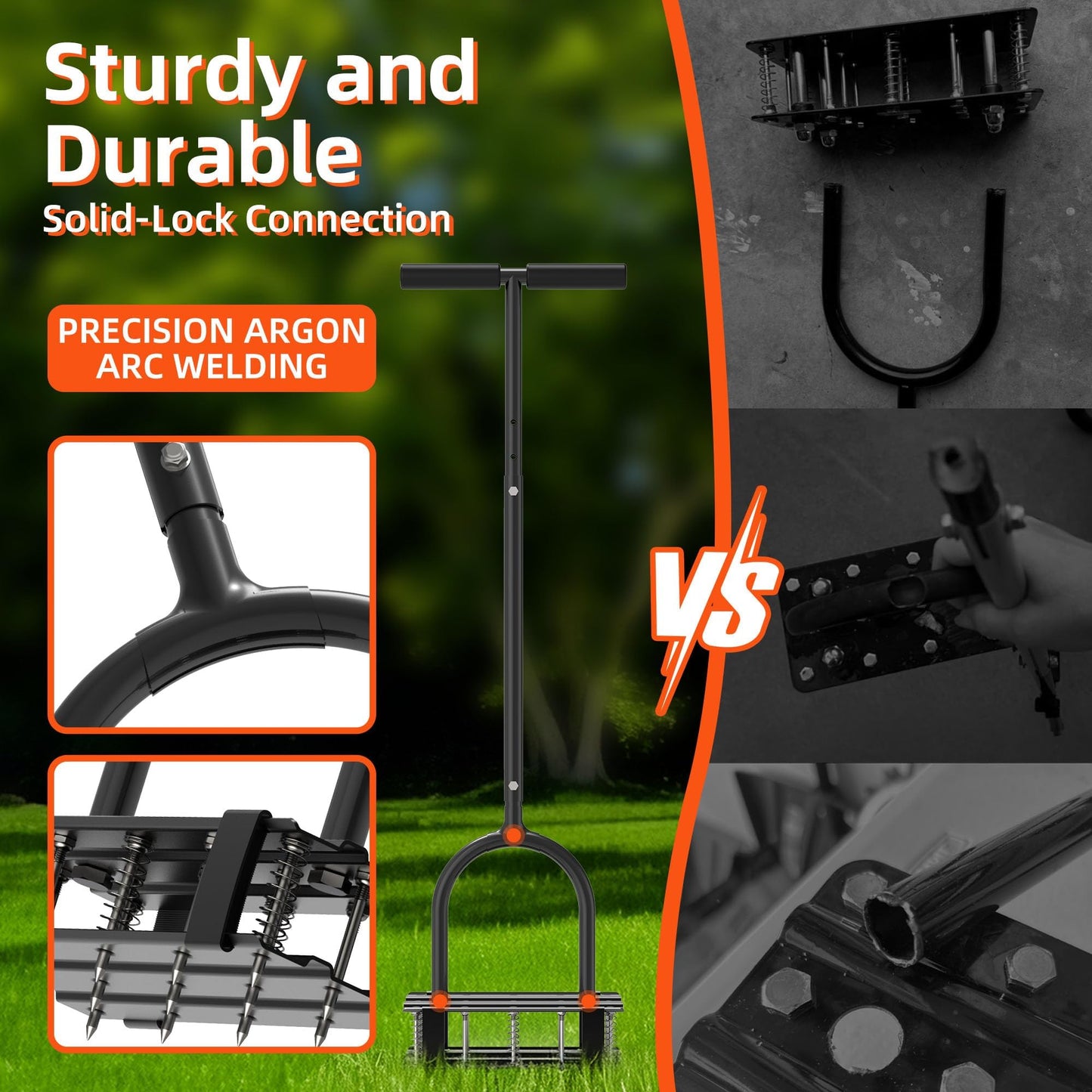 Aerator Lawn Tool - 2-in-1 Reinforced Heavy Duty Manual Lawn Aerator with 15 Spikes, Automatic Dirt and Leaf Clean Design, Adjustable T-Handle (Black)