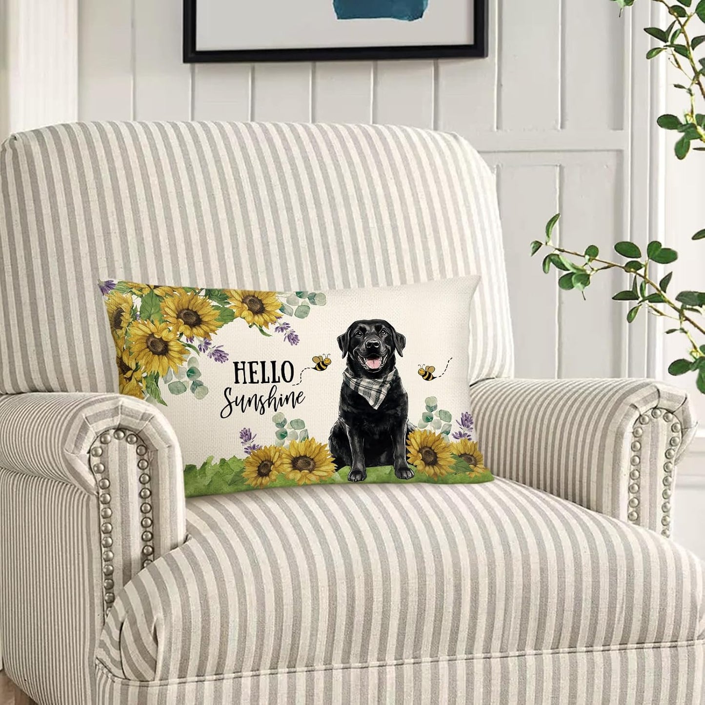 Sunflower Black Labrador Dog Lumbar Throw Pillow Cover 12x20 Inch Summer Cushion Case Decoration for Sofa Couch BST202