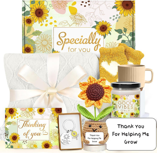 Gossby Sunflower Teacher Appreciation Gift Set Backet - Thank You for Helping ME Grow - Thank You, Birthday, Teacher's Day Gift for Teacher - Spa Self Care Get Well Relaxation Package (6 Pcs) WN420