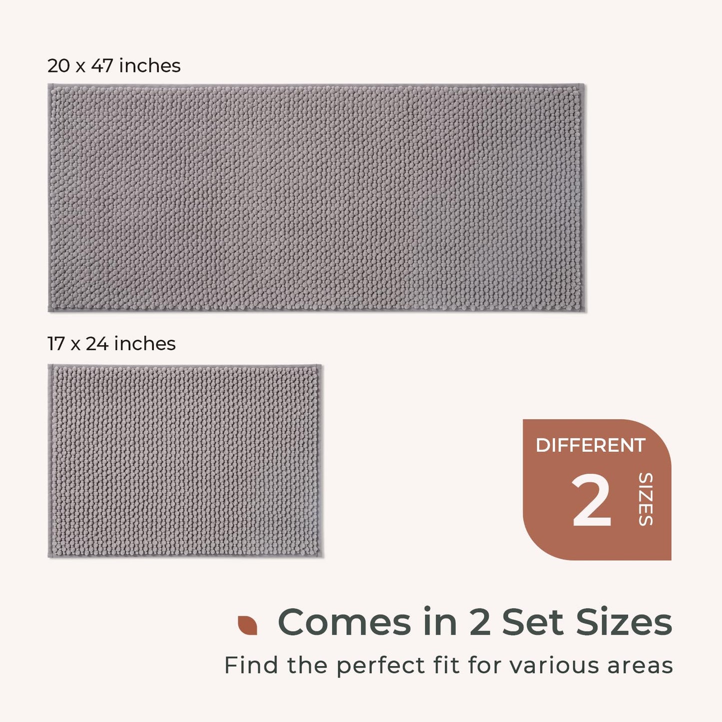 FRESHMINT Chenille Bathroom Rugs Sets 2 Piece 17"x24"+20"x32", Non-Slip Bath Mats, Absorbent Bath Rug, Washable Set of 2 Shower Floor Mat, Gray BST220