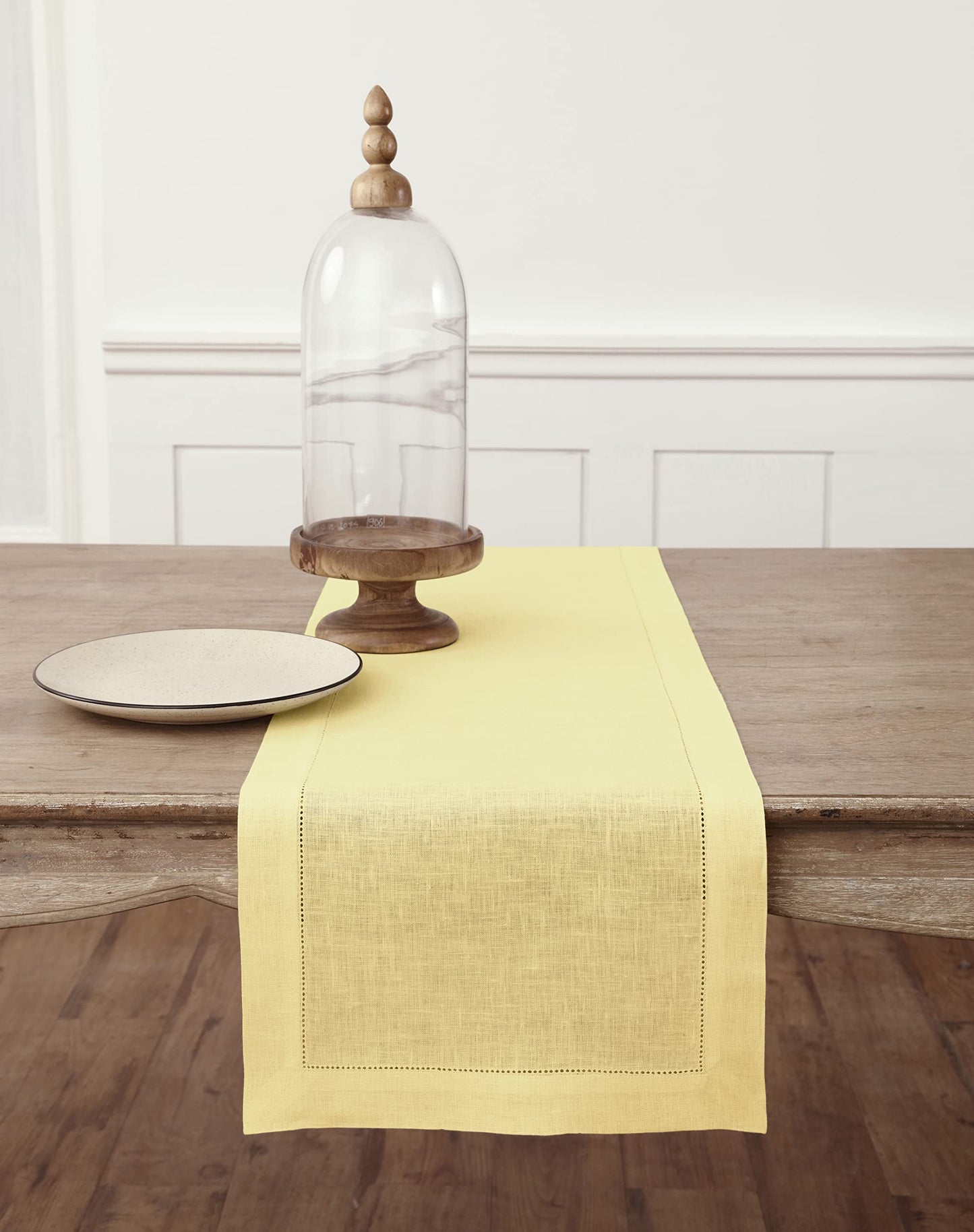Solino Home 100% Pure Linen Table Runner Garden Green Hemstitch, 14 x 48 in | Classic Hemstitch Table Runners for dining, hallway and console table styling | hand hemstitched borders | OEKO-TEX Certified BST326SOLH