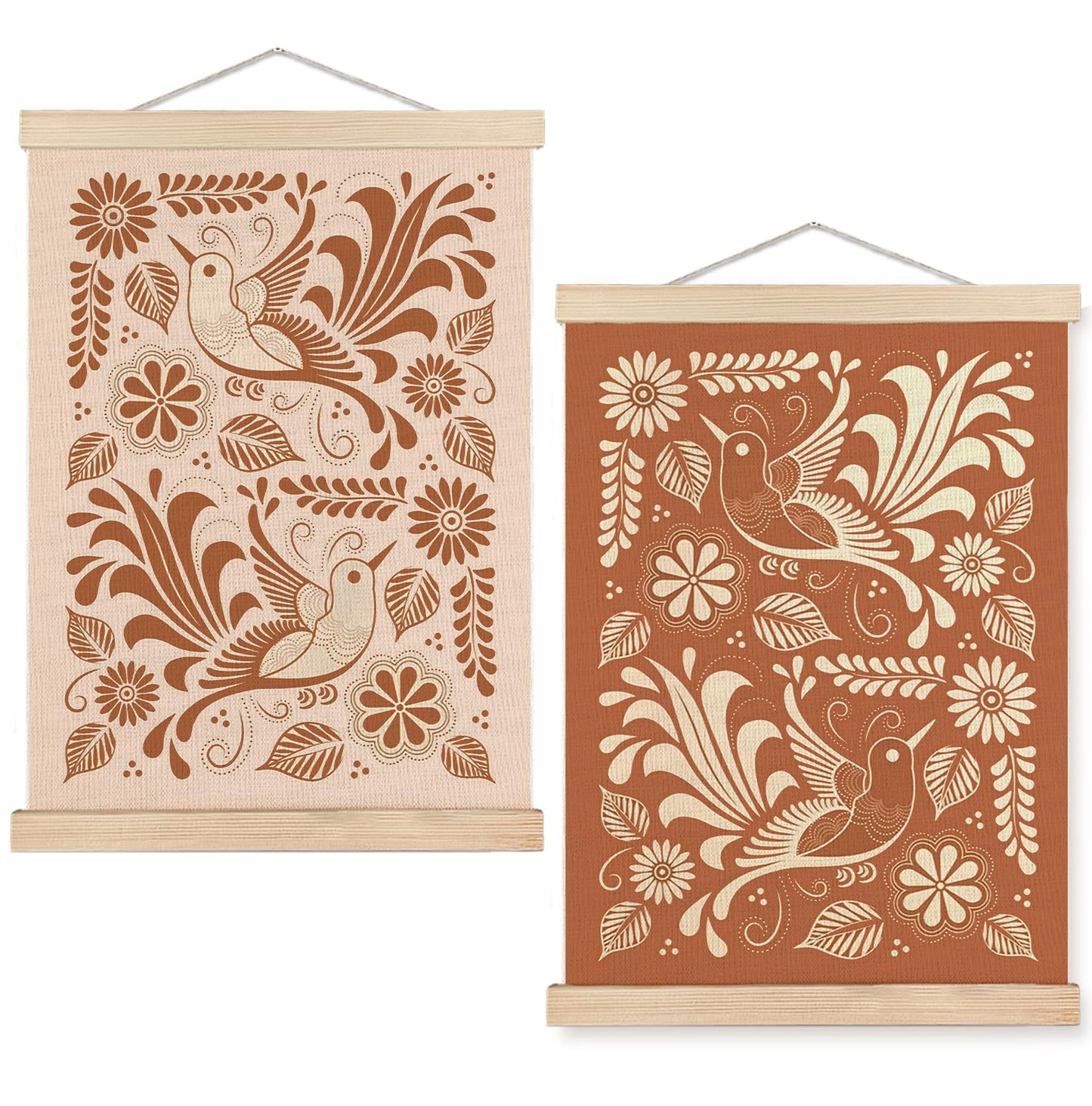 SPBL&L Green Boho Floral Mexican Wall Art, Abstract Flower Poster Hanger Frame, Burnt Orange Terracotta Botanical Hanging Canvas Pictures Prints Wall Decor for Home Bedroom, 12x16 Inch Set of 2 BST202