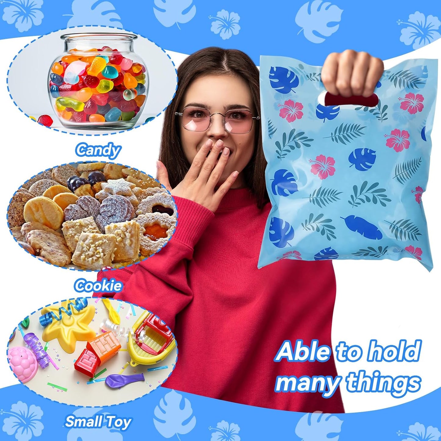 Sadnyy 100 Pcs Plastic Hawaiian Goodie Bags 8 x 10 Inch Cute Cartoon Hawaii Party Favor Bag Cartoon Theme Luau Pouches Floral Hibiscus Luau Welcome Pouches for Summer Party Favor BST220