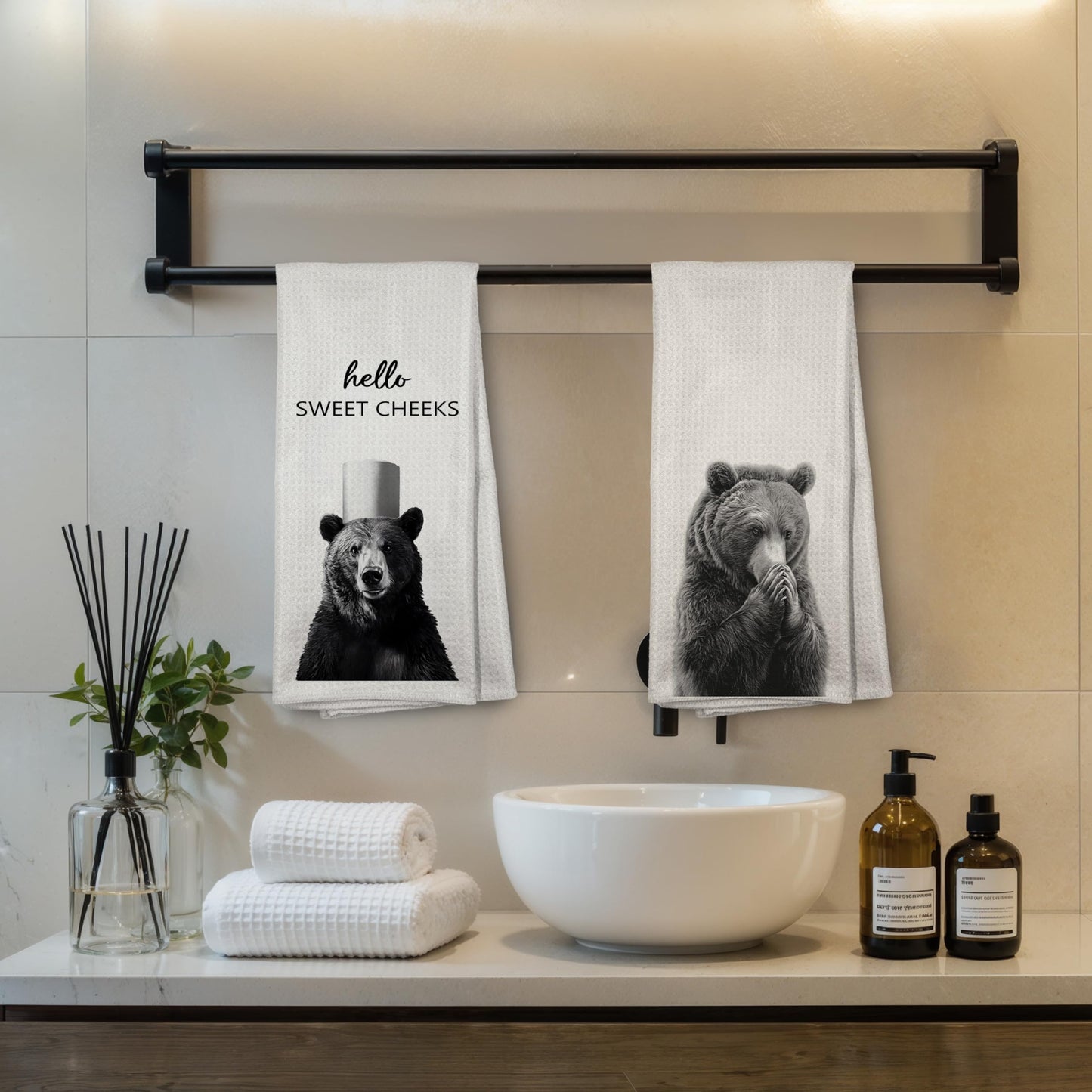 Funny Bear Bathroom Hand Towels Set of 2, Hello Sweet Bear Bathroom Decor, Funny Wild Animal Hand Towels for Washroom Restroom Decor, 16x24 Inch BST326L