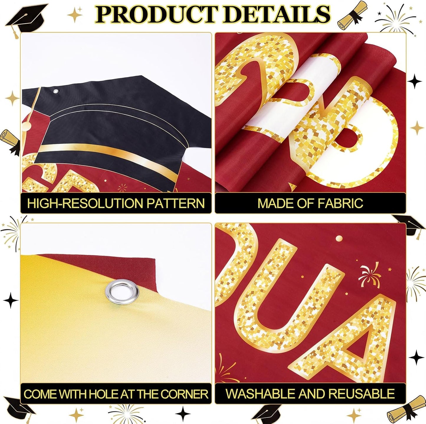 HunnmingRe 7 Pcs 2026 Graduation Party Decoration Include Class of 2026 Graduation Door Porch Banner, Gold Fringe Curtain, Red Carpet, Grad Photo Backdrop for College School(Red) BST202