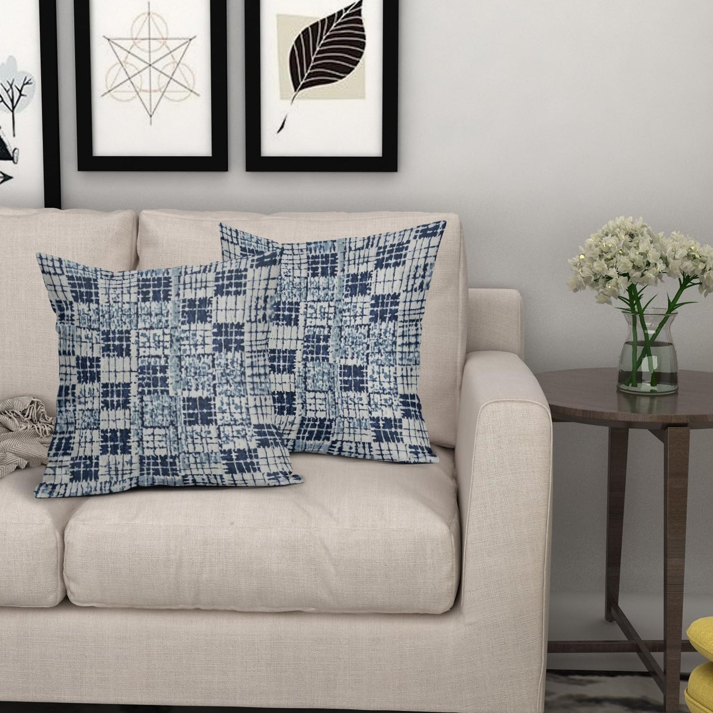 Navy Blue Grey Gray Pillow Covers 18x18 Set of 2 Abstract Plaid Pattern Decorative Outdoor Pillowcases Farmhouse Throw Cushion Case Couch Sofa Bed Decor BST220