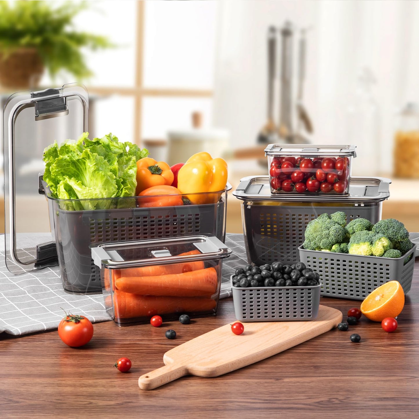 LUXEAR 4 Pack Fruit Vegetable Containers for Fridge, Produce Saver Container with Lids &Removable Colander BPA-free Refrigerator Storage Organizer for Fruit Vegetable, Berry, Meat keep Fresh Longer DD1210