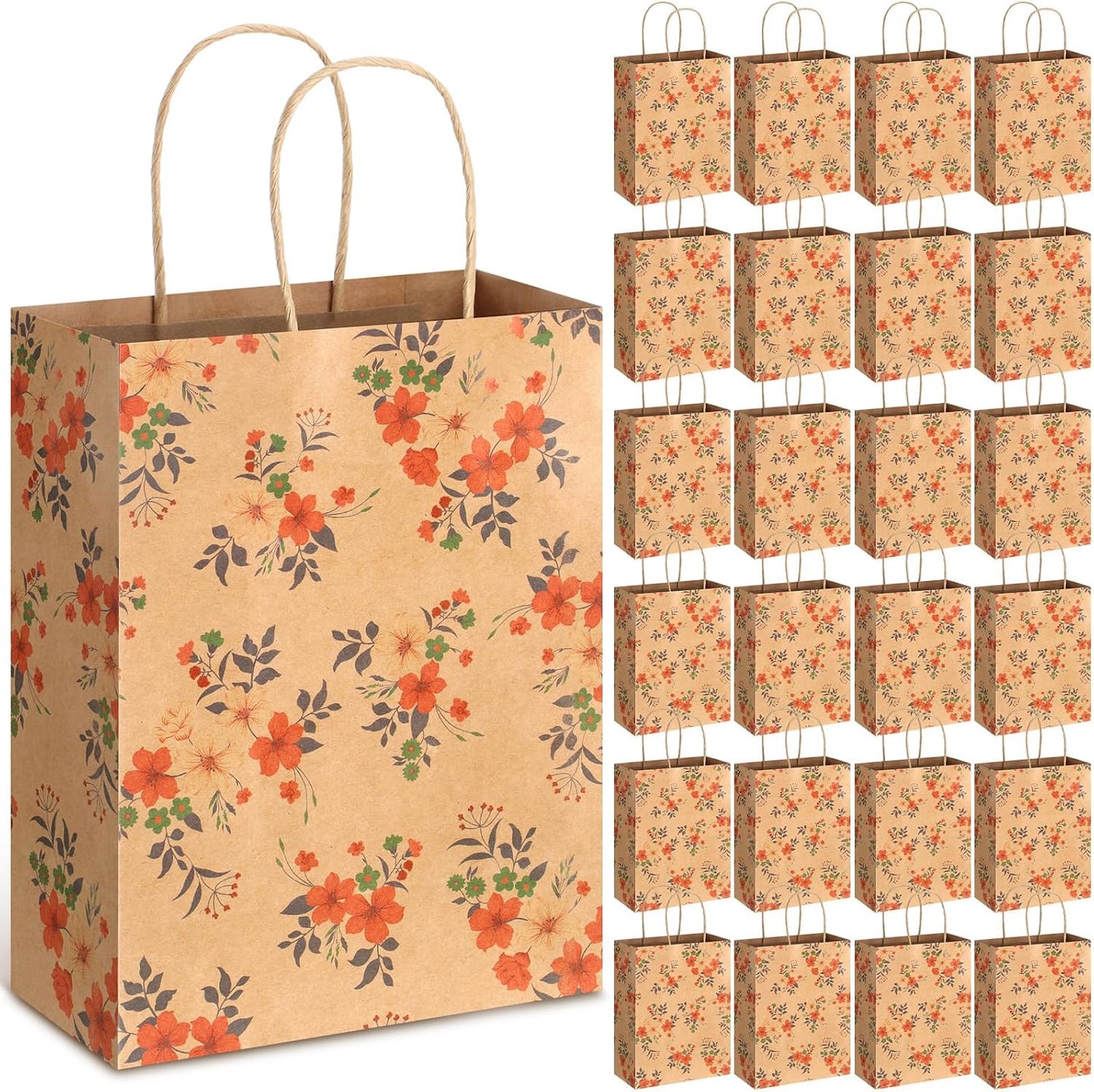 TaoBary 24 Pieces Floral Gift Bags with Handle Kraft Flower Treat Goodie Bags for Summer Spring Party Favor Supplies Decoration WN420