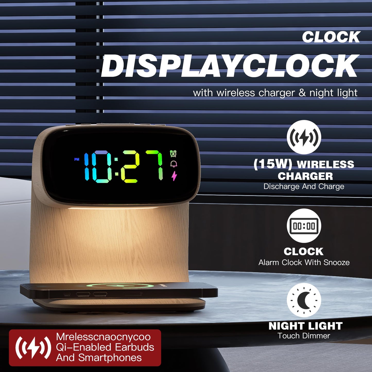 Digital Alarm Clock with Wireless Fast Charging Station 15W Touch Smart Lamp for Bedside,3 Colors Nightlight Adjustment Night Lamp for Living Room,Bedside,Heavy Sleepers (Woodgrain+Cable&Adapter) BST220