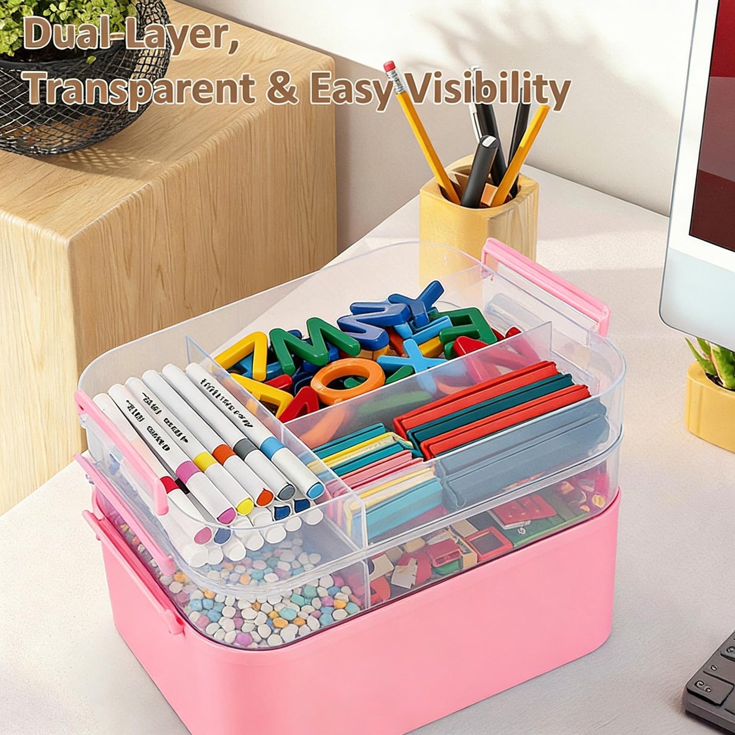 Gifhomfix 4-Layer Plastic Craft Organizers and Storage Box with Removable Trays, Storage Containers with lids and Handle, Art Supply Storage Organizer for Organizing Bead, Sewing, Tool（Green） BST220