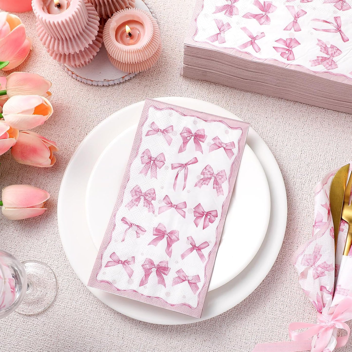 200 Pcs Pink Bow Napkins 3 Ply Coquette Bow Disposable Napkins Valentine's Day Paper Hand Towels Party Gifts Bulk for Bridal Shower Bachelorette Tea Party Birthday Decor(Classic Style) BST202