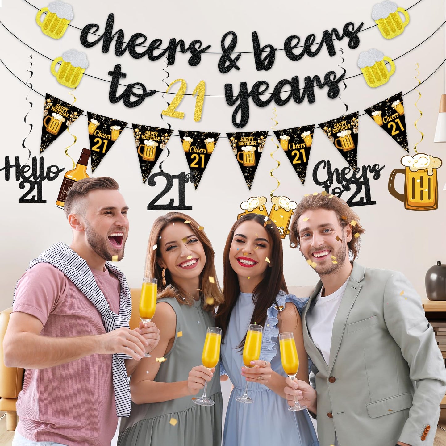 Black Gold 90th Birthday Decorations for Men Women, Glitter Pre-Strung Cheers to 90 Years Banner Hello 90 Hanging Swirls Paper Triangle Flag Banner Decorations Bday Party Supplies Kit WN420