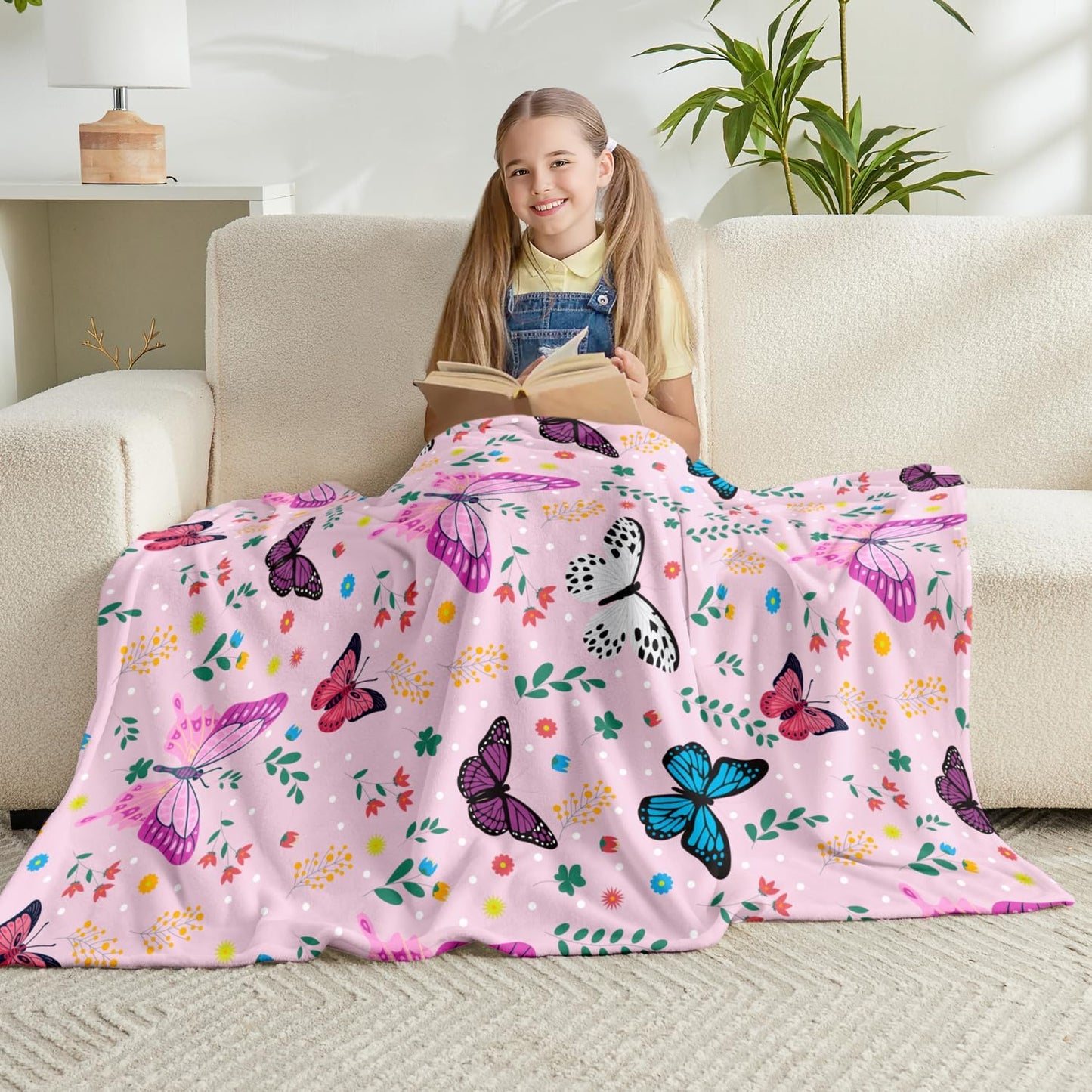 Butterfly Kids Throw Blanket for Girls Teens Toddler Pink Soft Fuzzy Flannel Bed Blanket Colorful Flowers Birthday Gifts for Women Girls Kids Teens Adults, 60”x80” BST326H