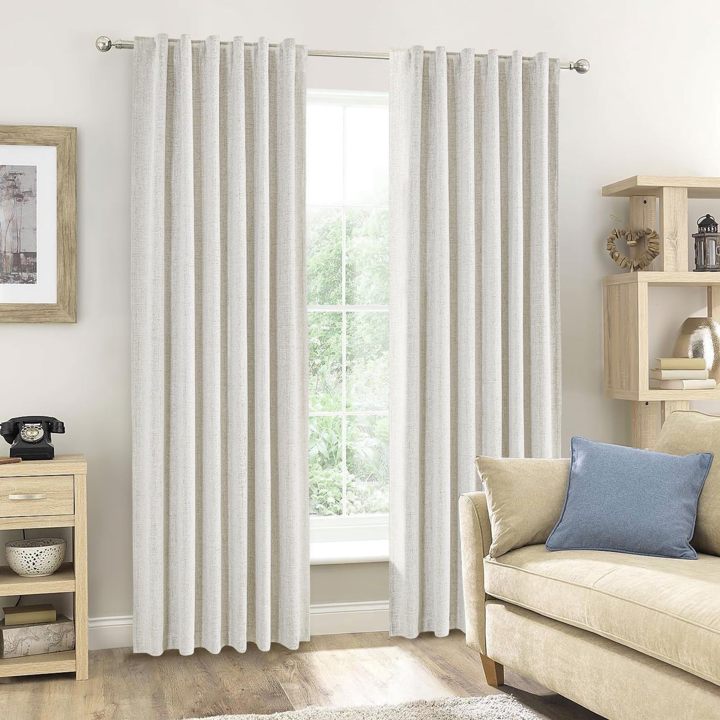 PANGSINNE Short Curtains for Windows Bathroom, 100% Blackout Linen Boho Back Tab Pleated Cafe Curtains for Kitchen Bedroom, 54 Inch Length 2 Panels Set, Dusty Blue BST326H