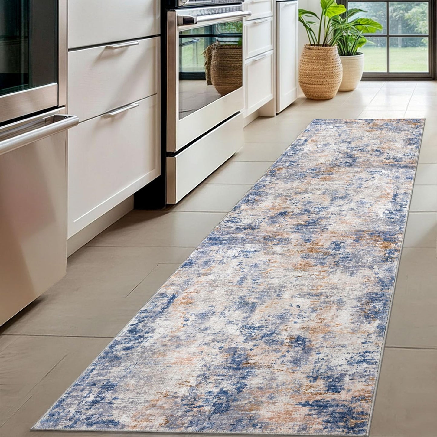 Lansny Modern Abstract Runner - 2x5, Beige Grey Washable Kitchen Entryway Rug Mat Non-Slip Soft Neutral Hallway Rug Thin Print Faux Wool Carpet for Bedroom Laundry Room Indoor BST220