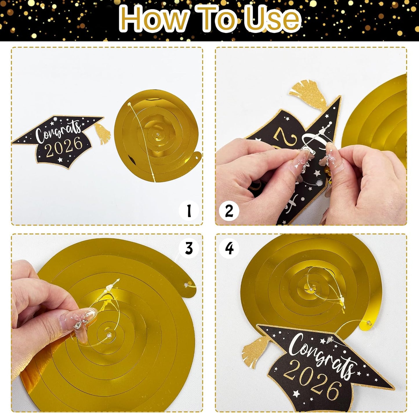 Graduation Decorations 2026, Black and Gold Congrats Grad Banner with 6PCS Graduations Hanging Swirl Decorations for Class of 2026 Grad Party BST326L