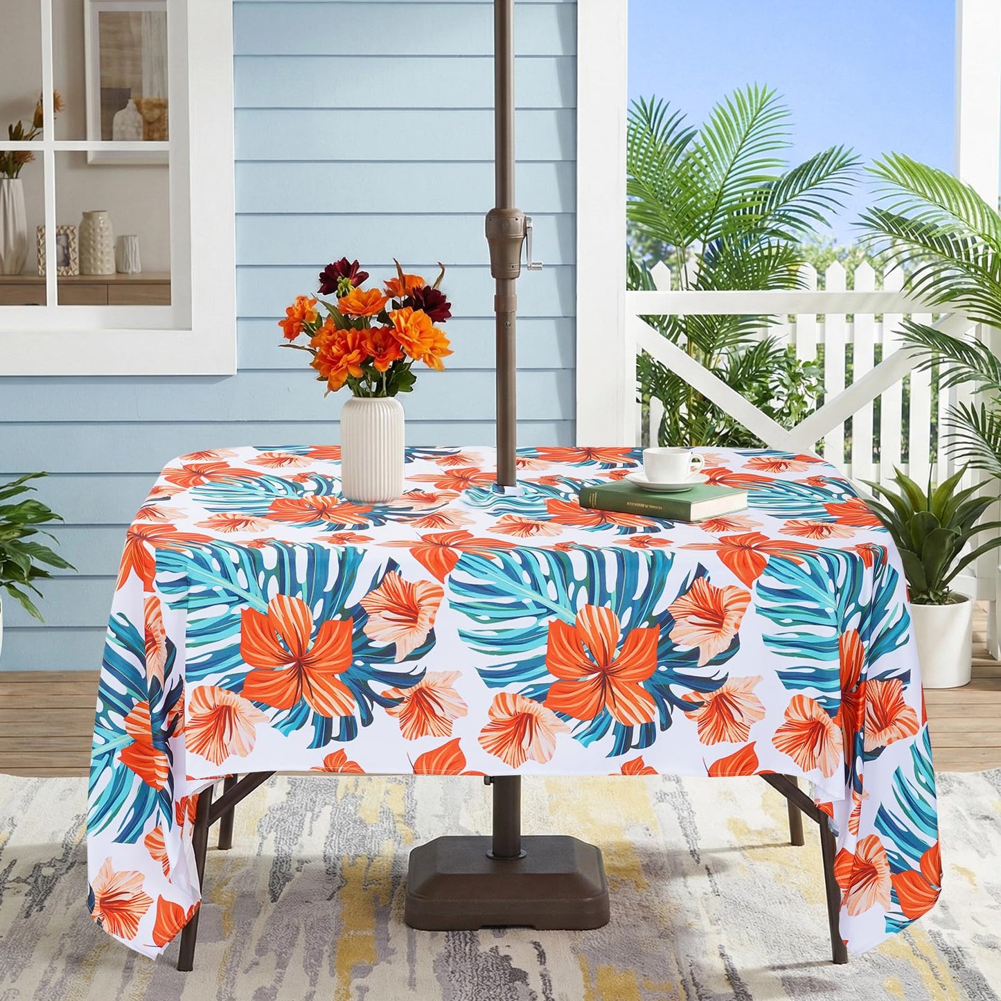 Eternal Beauty 52” Round Tablecloth Waterproof Outdoor Tablecloth with Umbrella Hole Zipper for Spring Summer Patio Picnic Tables (Tropical Palm Leaf) BST326H