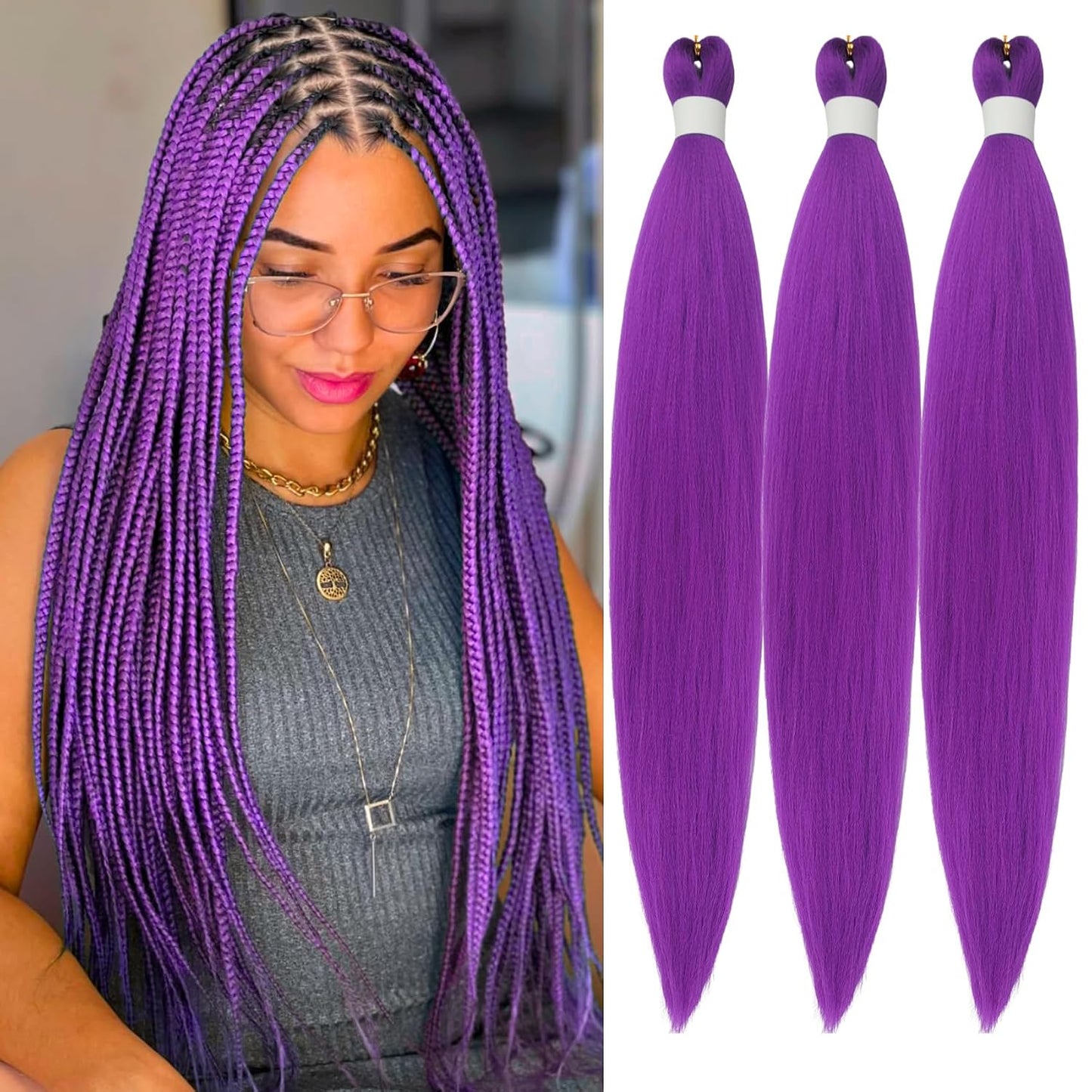 Purple Braiding Hair Pre stretched Knotless 26 inch | Hypoallergenic Synthetic Purple Prestretched Ez Braid Knotless Itch Free Soft Yaki Texture Hot Water Setting WN420