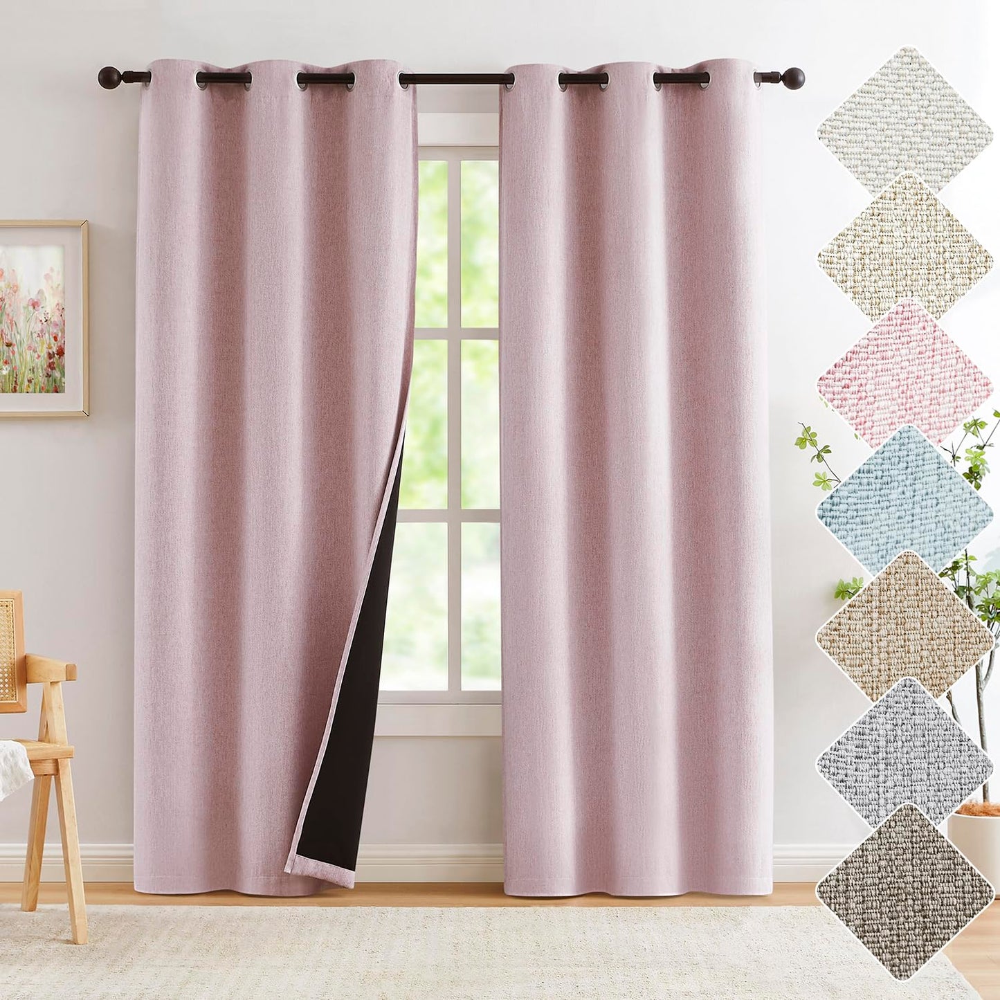 Grey Full Blackout Linen Curtains 84-inch-Long Thermal Insulated Noise Reducing Bedroom Drapes Rustic Farmhouse Triple Weave Window Treatment Set for Theatre, Nursery, 40"x84"x2, Grey BST202