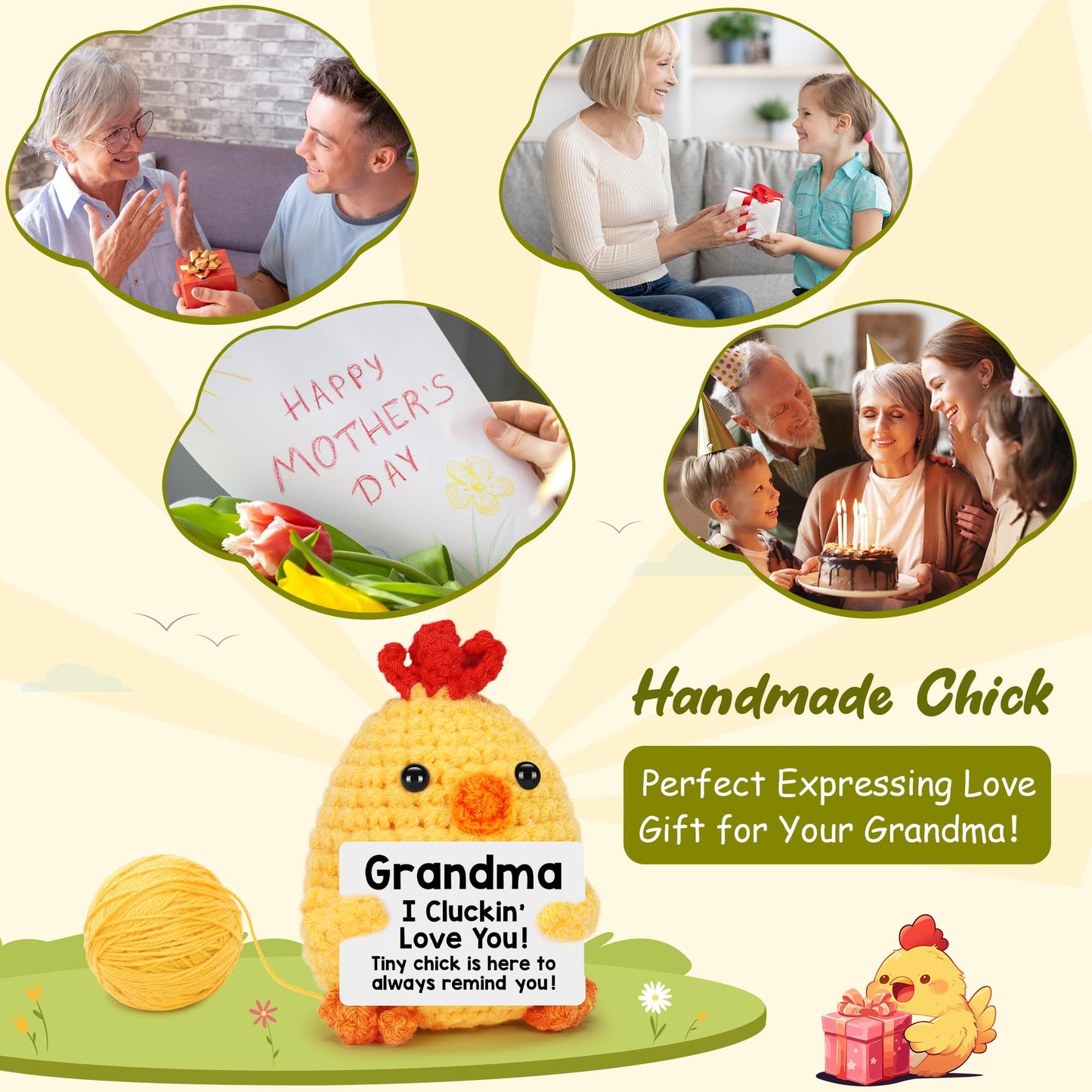 Grandma Birthday Gifts from Grandkids, New Grandma Grandmother I Love You Gift, Grandparents Day Gifts for Grandmas Grandmother Nana Gigi, Christmas Stocking Stuffers Funny Handmade Crochet Chicken BST220