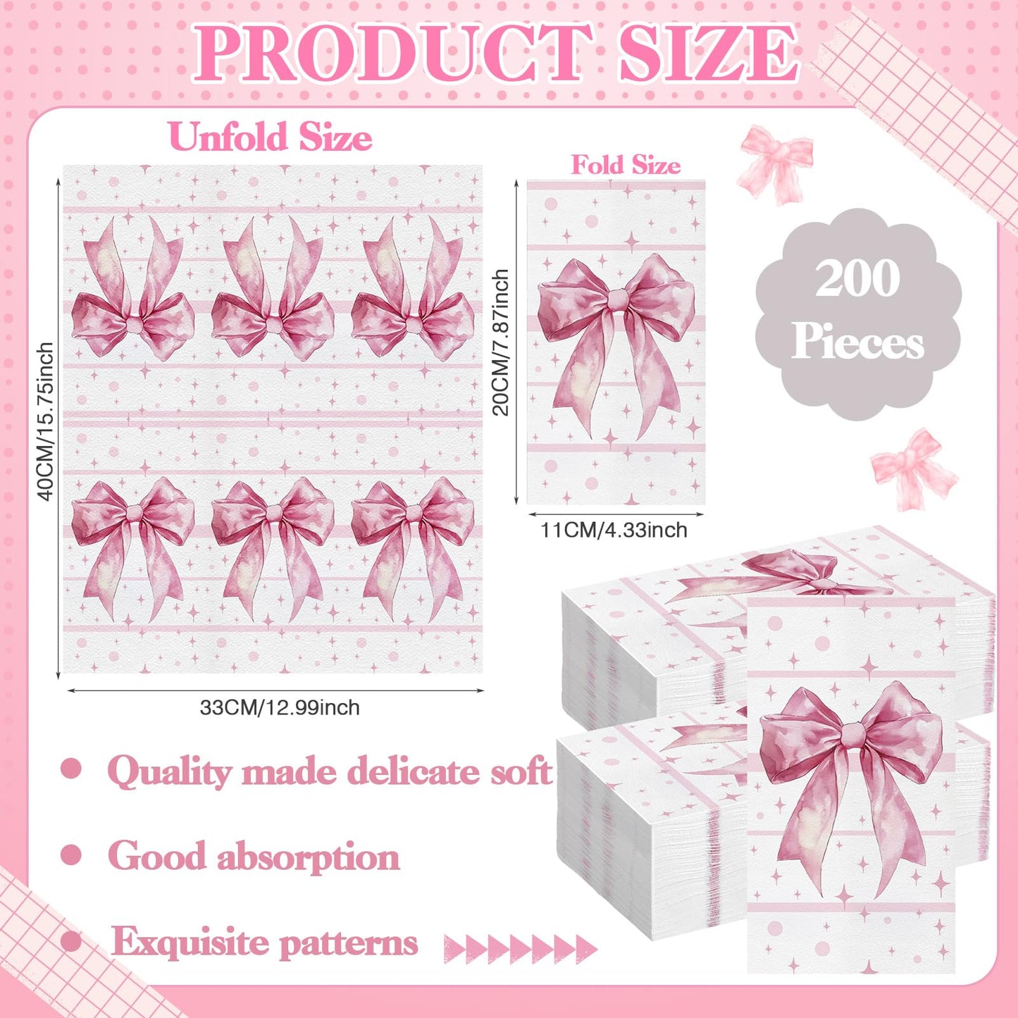 200 Pcs Pink Bow Napkins 3 Ply Coquette Bow Disposable Napkins Valentine's Day Paper Hand Towels Party Gifts Bulk for Bridal Shower Bachelorette Tea Party Birthday Decor(Classic Style) BST202