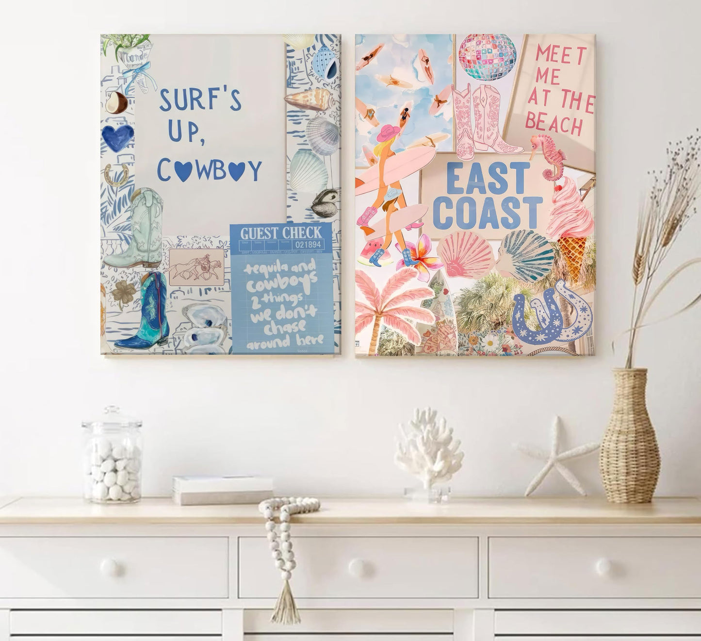 2PCS Pink And Blue Coastal Cowgirl Wall Art Surfboart Wall Decor Unframed | Coastal Girl Posters Beach Pictuers Cowboy Boots Prints for College Girls Dorm Bathroom Gallery Bedroom BST202