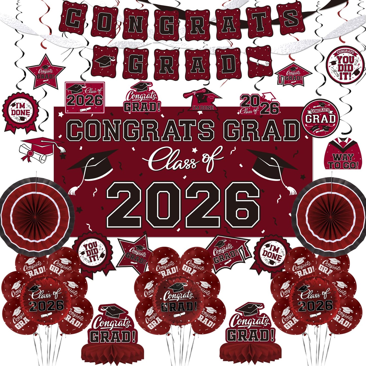 Black and Gold Themed 2026 Graduation Decorations Set - Congrats Grad Banner, Class of 2026 Backdrop, Balloons & Streamers Kit - Graduation Party Supplies for High School & College Celebrations BST326H