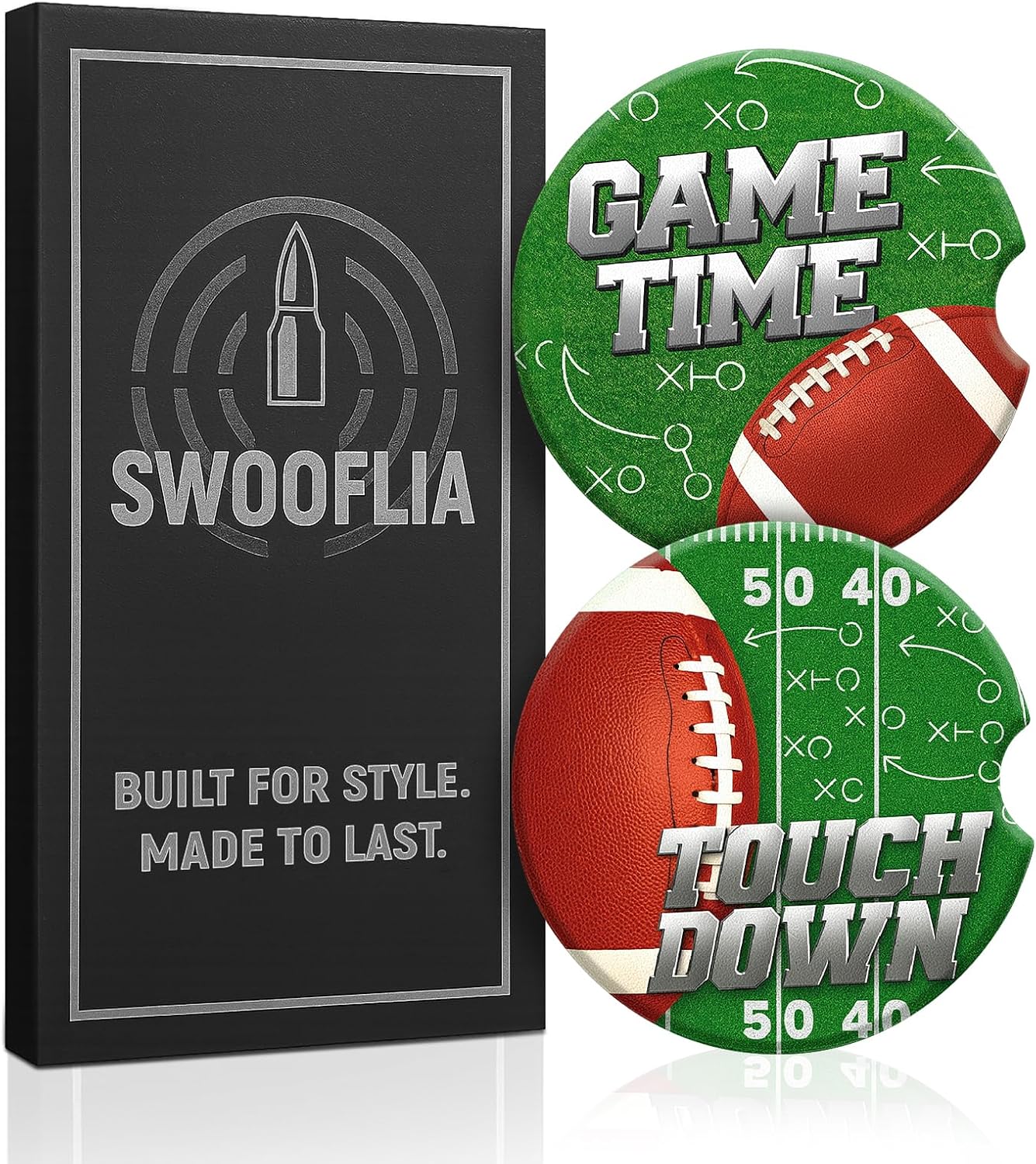Swooflia Car Coasters for Men - Touch Down Ceramic Car Cupholder Coaster Cool Absorbent Mat Coaster with Cork Base 2 Pack Automotive Cup Holder Accessories New Driver Gifts WN420