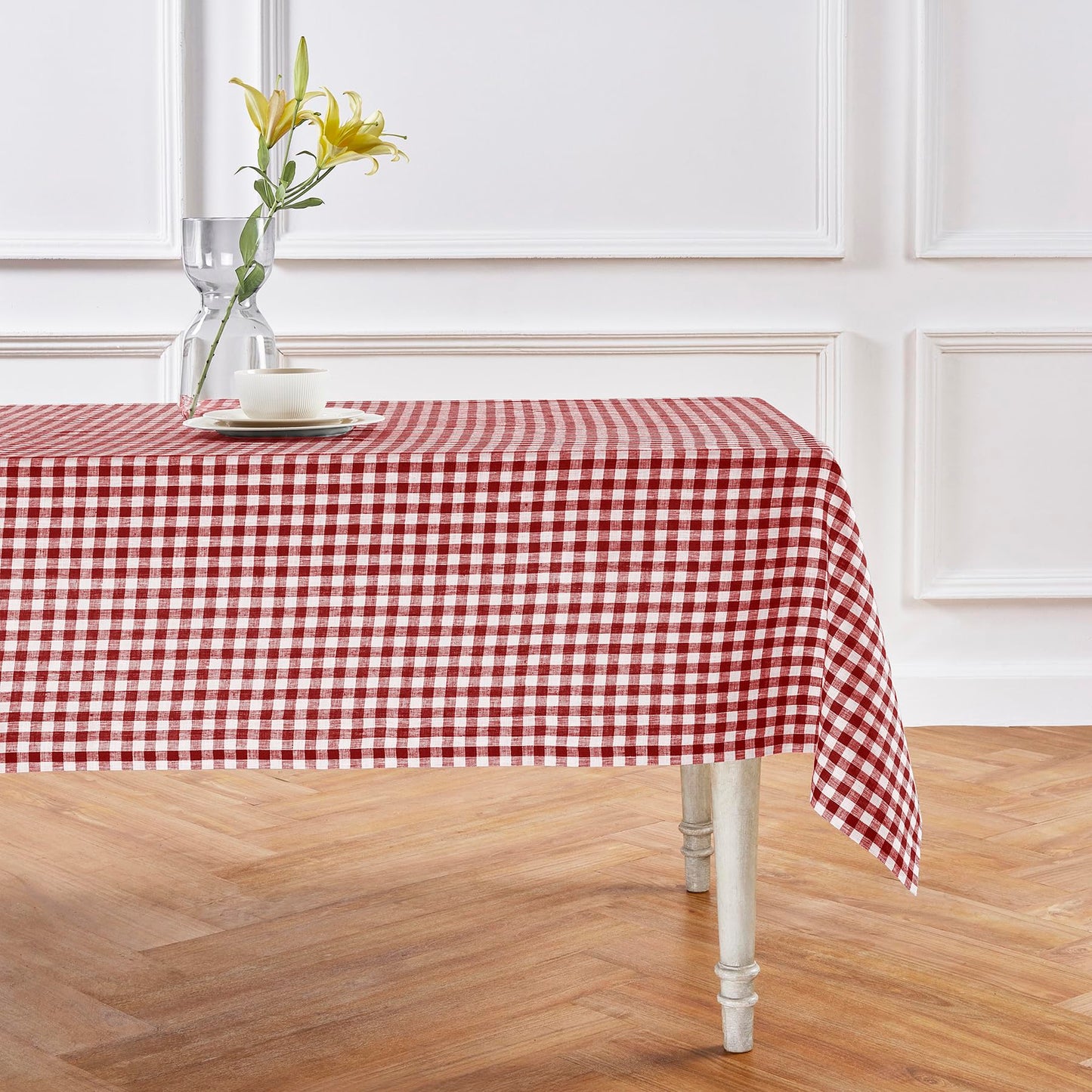 Solino Home 100% Linen Table Cloth, Throw Apricot, Gingham Check 52 x 52 in | Checkered Linen Tablecloth a neat topper for bistro, card and side tables | checkered weave | Pure Linen | OEKO-TEX Certified BST326SOLH