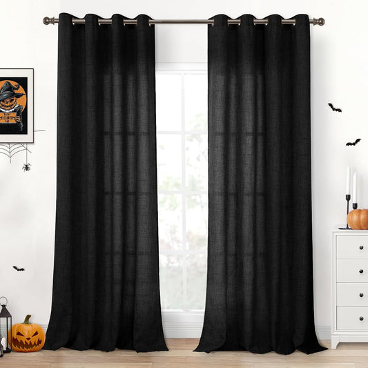 YoungsTex Linen Black Curtains 84 inch Length 2 Panels for Living Room, Light Filtering Drapes with Bronze Grommet Semi Sheer Gothic Decorative for Dining Bedroom, 52 X 84 Inch WN420
