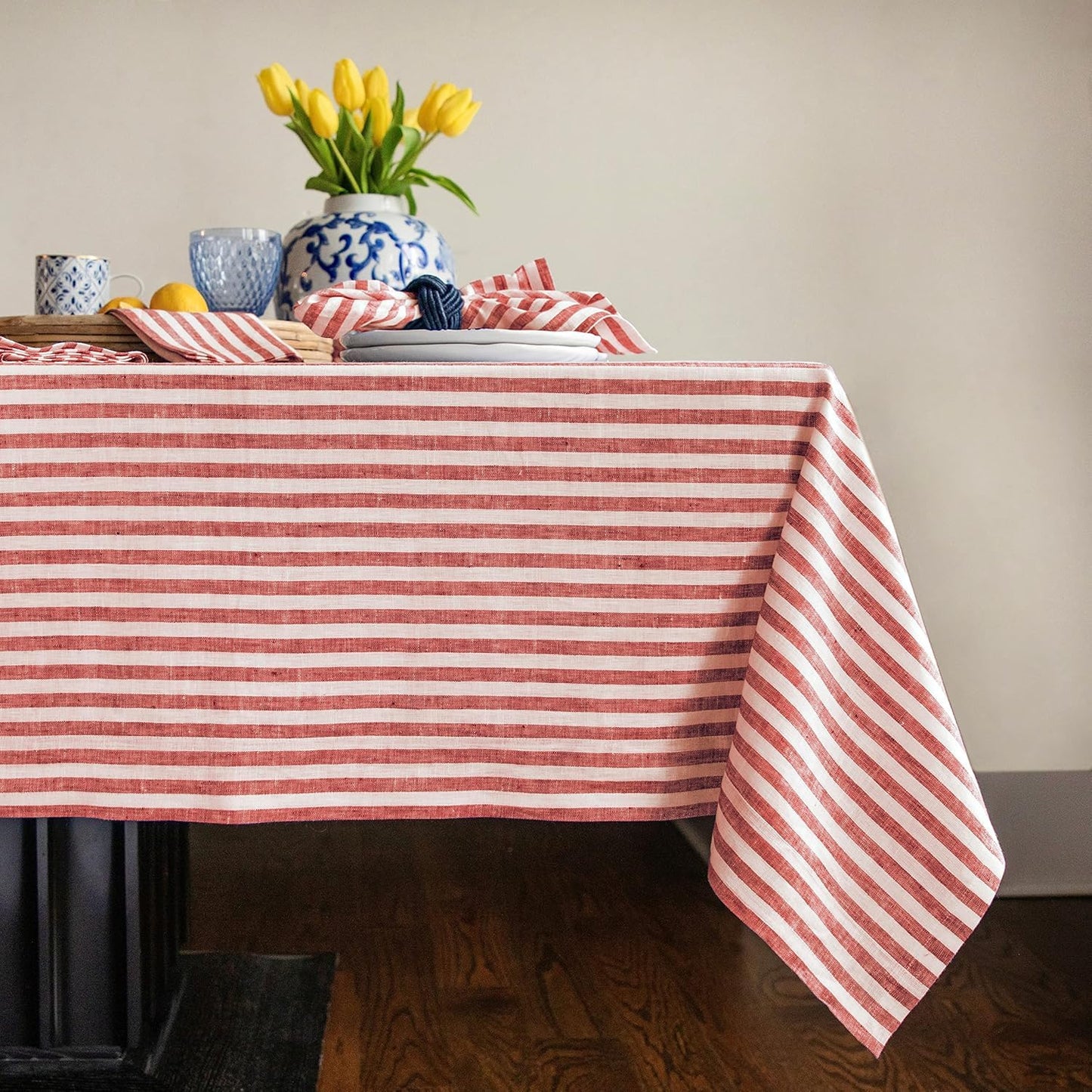 Solino Home 100% Linen Table Cloth, Throw, 52 x 52 in, Coral, Amalfi Stripe | Striped Linen Tablecloth a neat topper for bistro, card and side tables | Coral and White | Pure Linen | OEKO-TEX Certified BST326SOLH