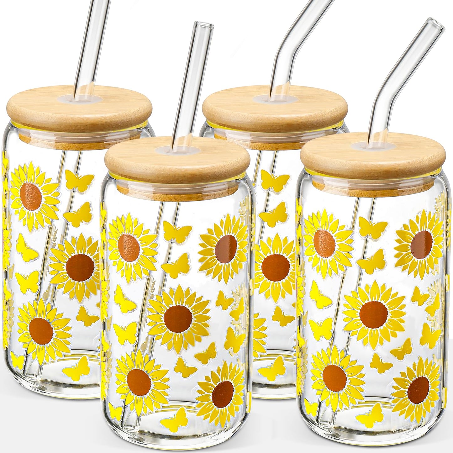 DWTS DANWEITESI Glass Cups “20oz”,Glass Cups with Lids and Straws 4 pcs-Coffee Cups,Drinking Glasses Set,Glass Tumbler with Straw and Lid Gift 2 Cleaning Brushes 600ml BST202