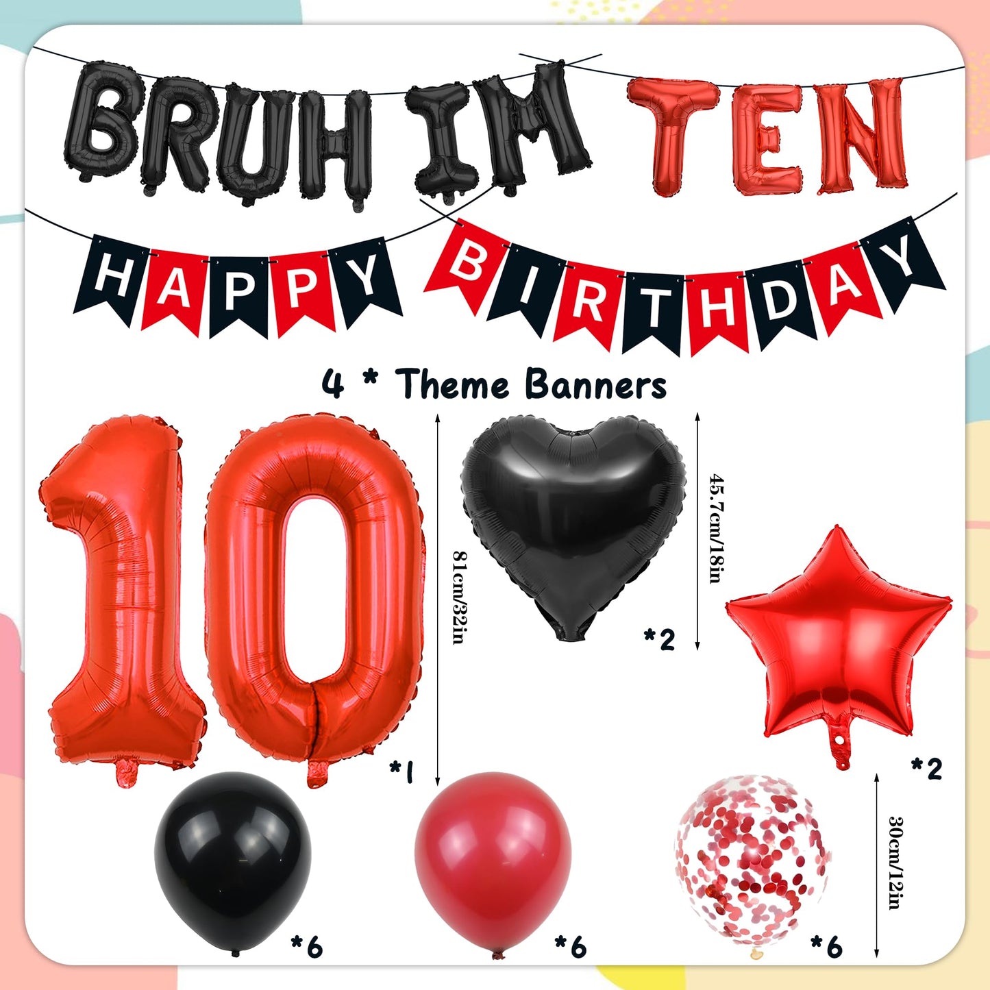 9th Birthday Decorations Boys Kit - 27 Pcs Red and Black Bruh Im Nine Balloon Banners Happy Birthday Fishtail Flags Number 9 Balloon Star Heart Balloons Set for 9 Year Old Party Decoration Supplies BST202