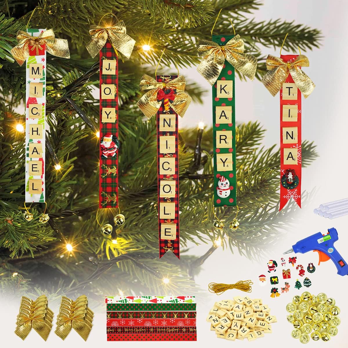UNIIDECO Christmas Crafts Ornament Kits for Adults Kids, Xmas Tree Ribbon Name Ornaments DIY Making, Holiday Family Tree Decoration Sets, Letters Tiles Home Decor Ideas for Navidad Stocking BST326H