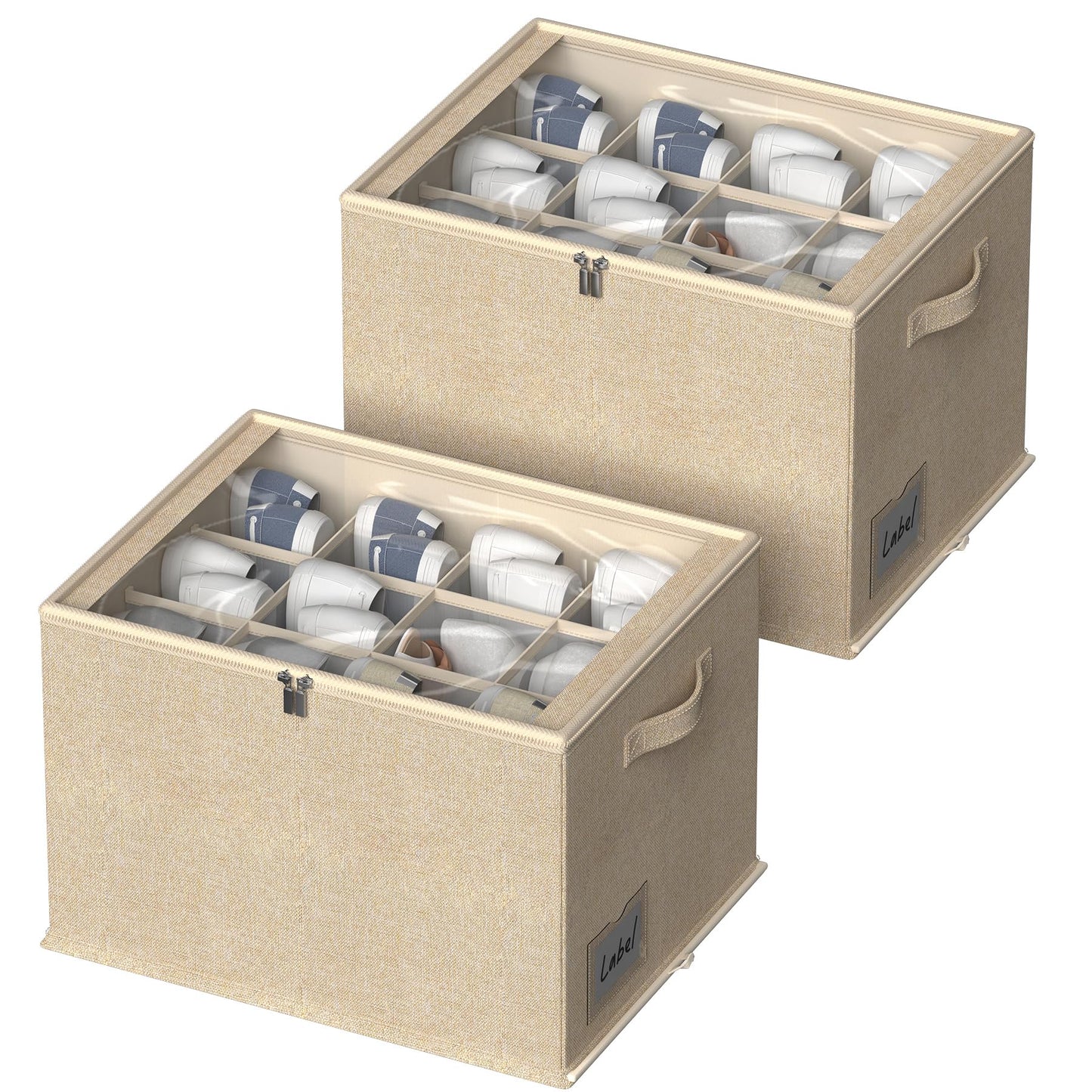 2 Pack Shoe Organizer for Closet - Shoe Storage Bins with Clear Cover, Fabric Shoe Storage Containers with Reinforced Handles, Fits up to 24 Pairs (Black, 16.5 * 12.6 * 12.2in) BST326H