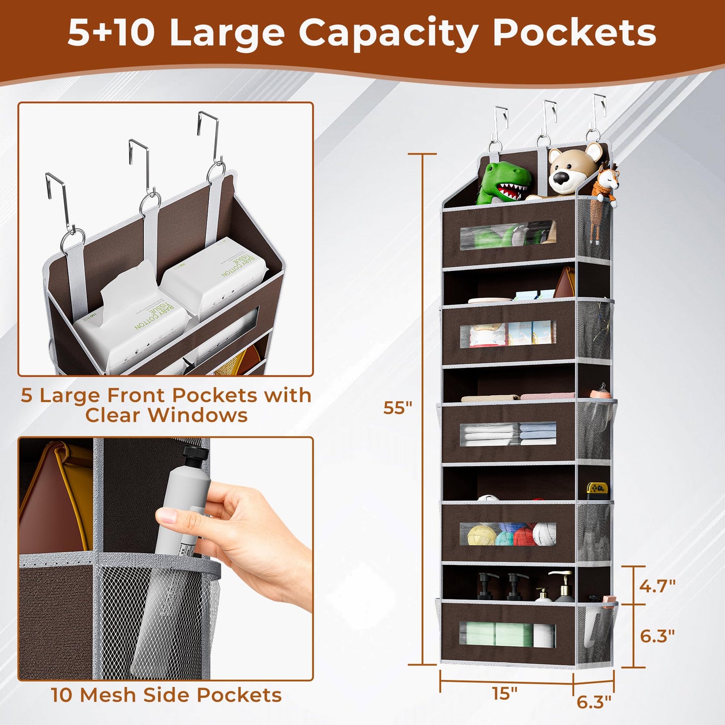 5 Tier Over The Door Organizer - Large Capacity Behind Door Hanging Shelves with 10 Mesh Pockets and Clear Windows, Closet Organizers and Storage for Bathroom, Bedroom, Nursery, Grey BST326H