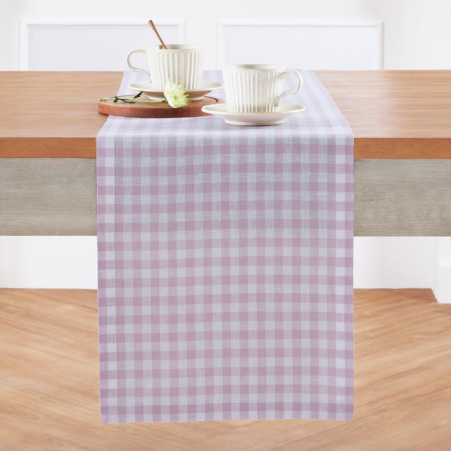 Solino Home 100% Pure Linen Table Runner Apricot, Gingham Check 14 x 36 in | Table Runners for nightstands, end tables, coffee tables and dressers | checkered weave, mitered corners | OEKO-TEX Certified BST326SOLH