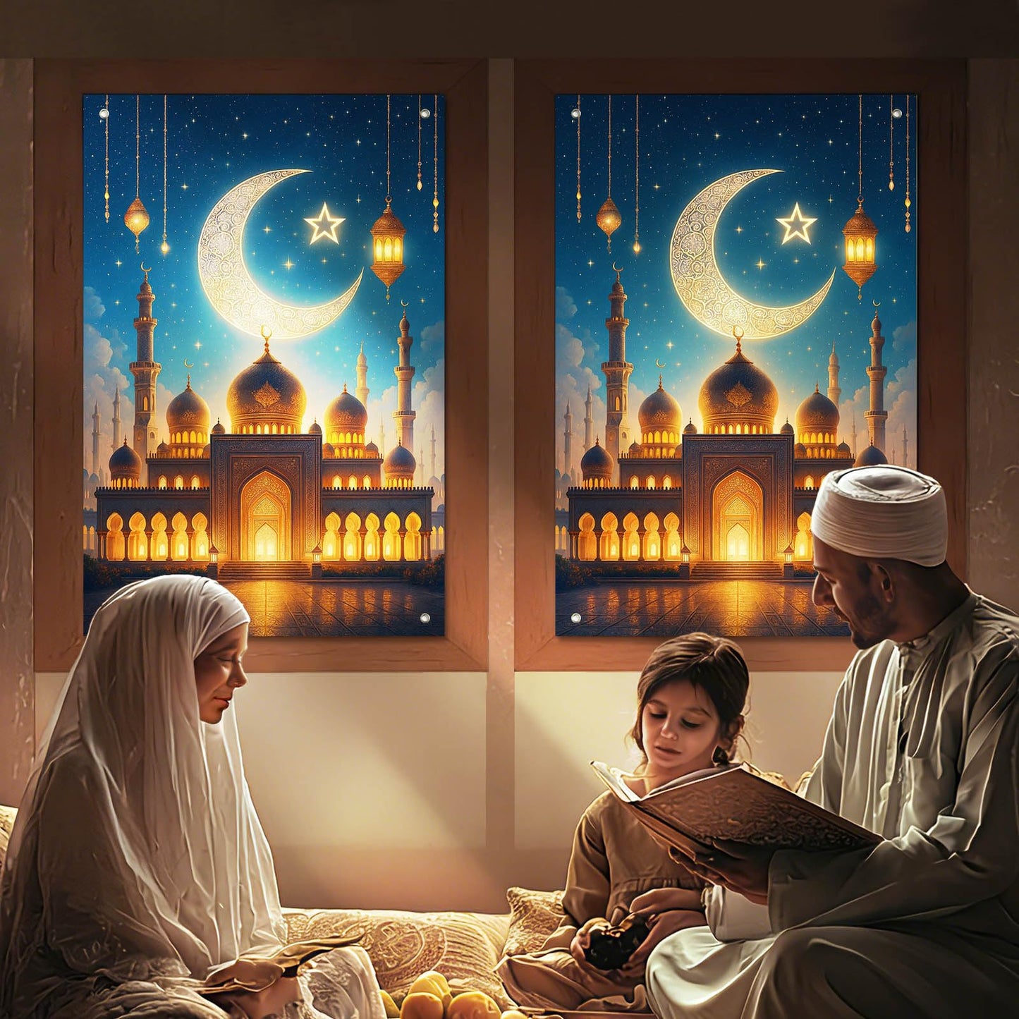 HOMETITUTE Eid Ramadan Window Banner Holiday Curtain Backdrop 31x47 Fabric | Mubarak Cover Festival Screen Windows Banner Hanging Living Room Bedroom Home Crescent Moon Star Pattern Design BST326H