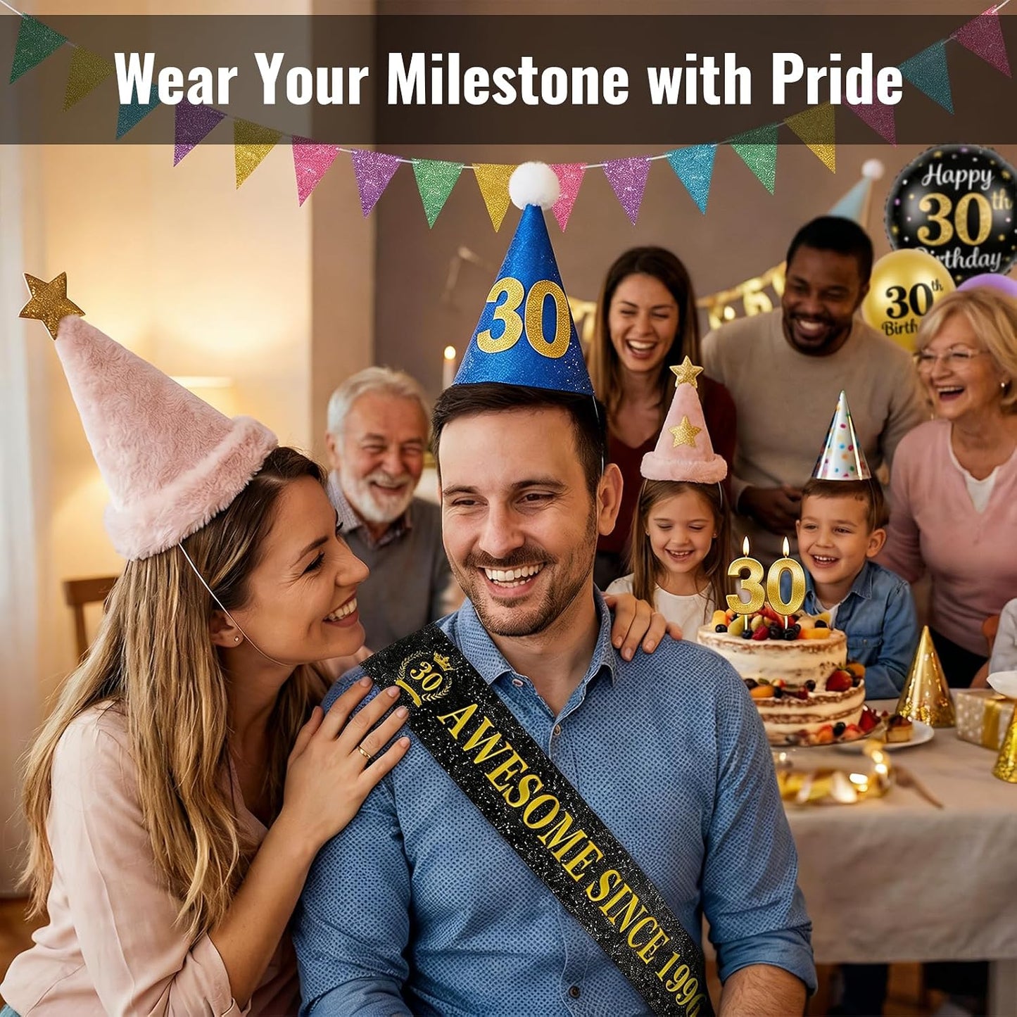 30th Birthday Sash - Unisex Black Glitter Leather Sashes with Gold Foil Letter Awesome Since 1996 for Men Women Decorations Party Supplies Accessories Gifts Outfit BST326L