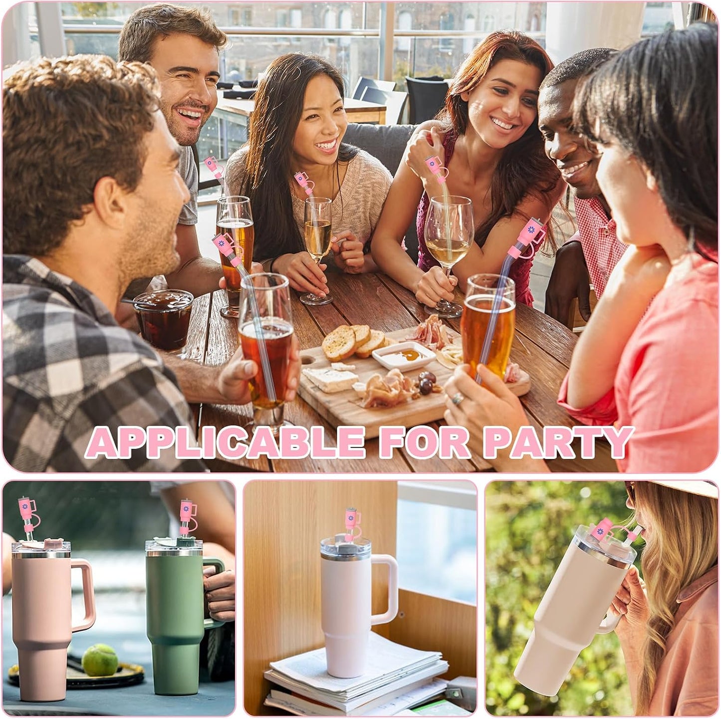 AUAUY 4 Straw Covers for Stanley Cup 40oz & 30oz, Reusable Straw Tips 0.4"/10mm, Cute Accessories (Rose Red Cup) WN420