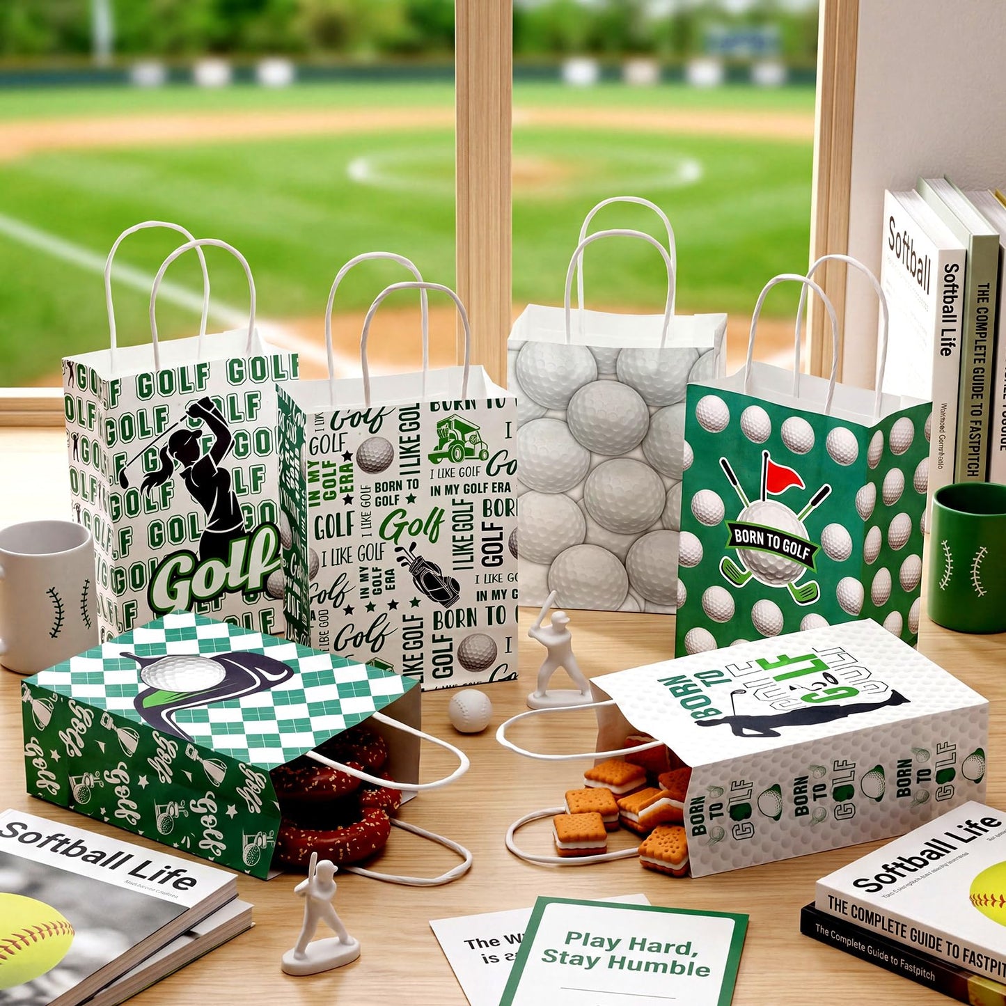 MotiMind 24 Pcs Softball Party Favor Bags Black Yellow Softball Themed Goodie Gift Wrapping Paper Bags with Handles Portable Sports Ball Candy Treat Pouch for Birthday Party Decorations Supplies BST326H