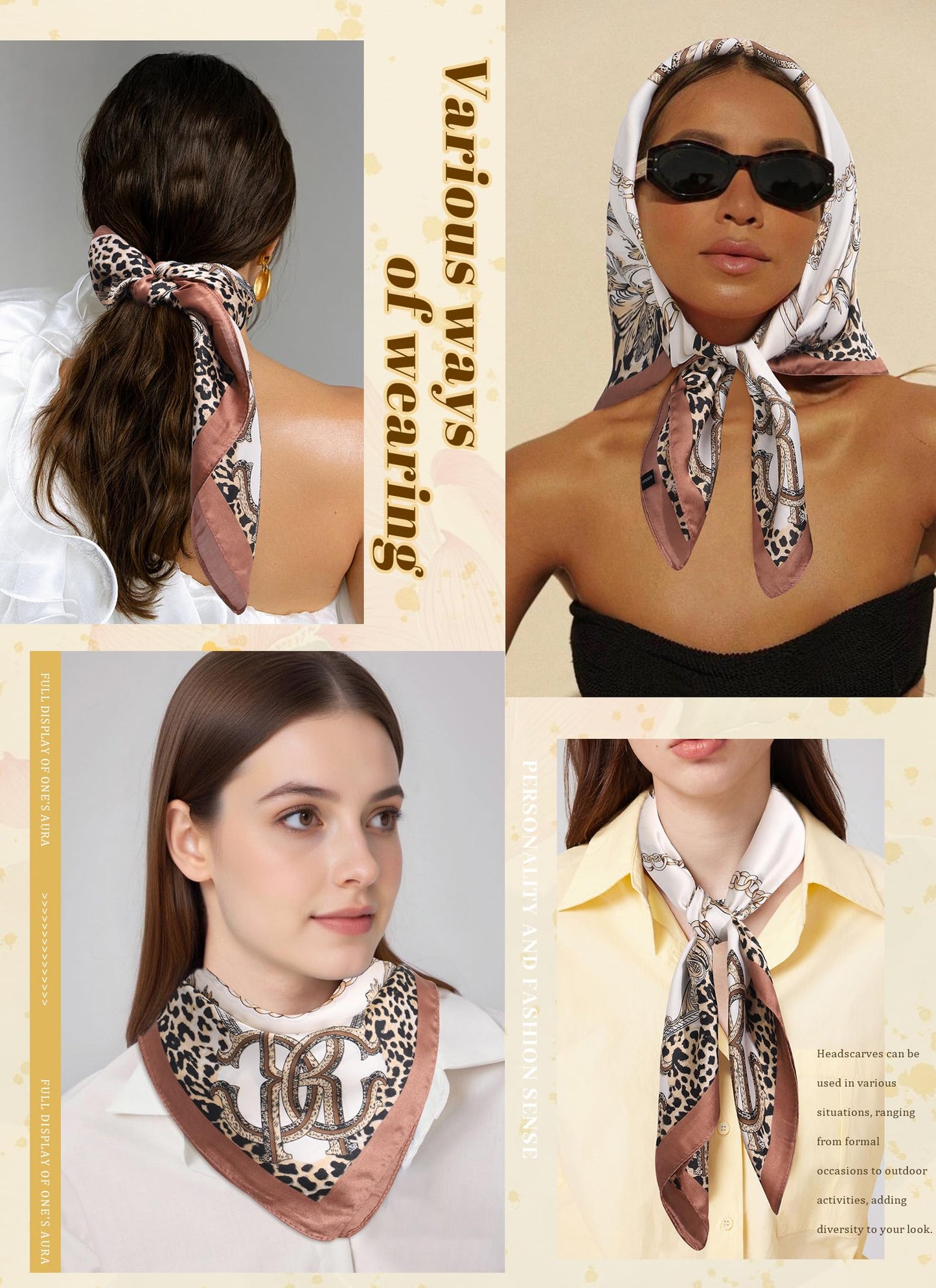 CHLINS 27.5” Square Head Scarf for Women Satin Hair Scarf Silk Wrap Neck Scarves Bandanas for Handbags Accessories WN420