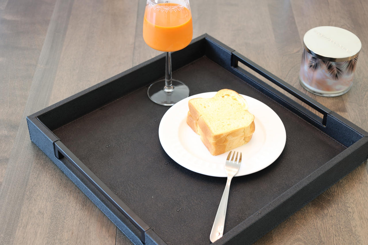 Sagala 16"x16" Ivory Shagreen Leather Serving Tray with Handles for Ottoman Coffee Table, Stylish Decorative Tray for Living Room Modern Home Decor (Ivory-Black, Square 16") BST220