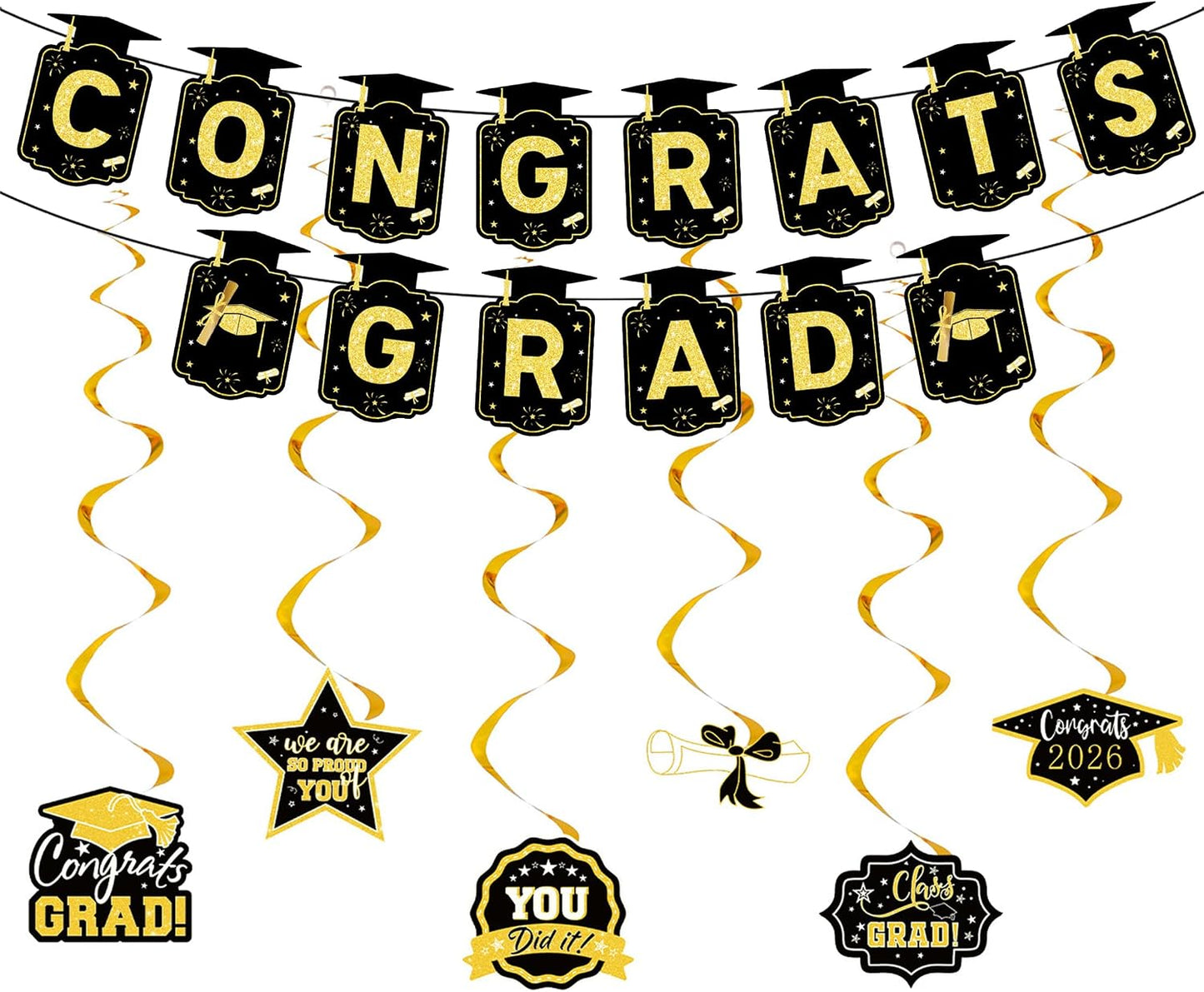 Graduation Decorations 2026, Black and Gold Congrats Grad Banner with 6PCS Graduations Hanging Swirl Decorations for Class of 2026 Grad Party BST326L